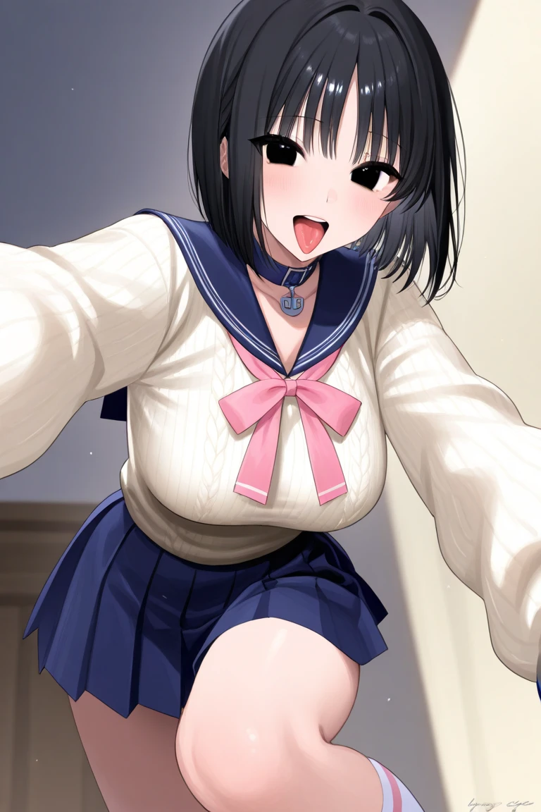 Full body portrait:1.3、masterpiece、highest quality、Beautiful woman、Extraordinary beauty、White shirt、Ultra-mini pleated skirt、(Crotch pose)、Knee socks、tie、Big Breasts 、Black-haired、A mischievous smile that pleases men:1.3、Beautiful legs、One Woman、Sweaty、blush、(Miyukino Hoshizora's School Uniform):1.1、Detailed costume、Detailed skin、Detailed face、Pinch the hem of the skirt and lift it up.、Panties in full view、look up、Exhale hot breath、White elbow gloves