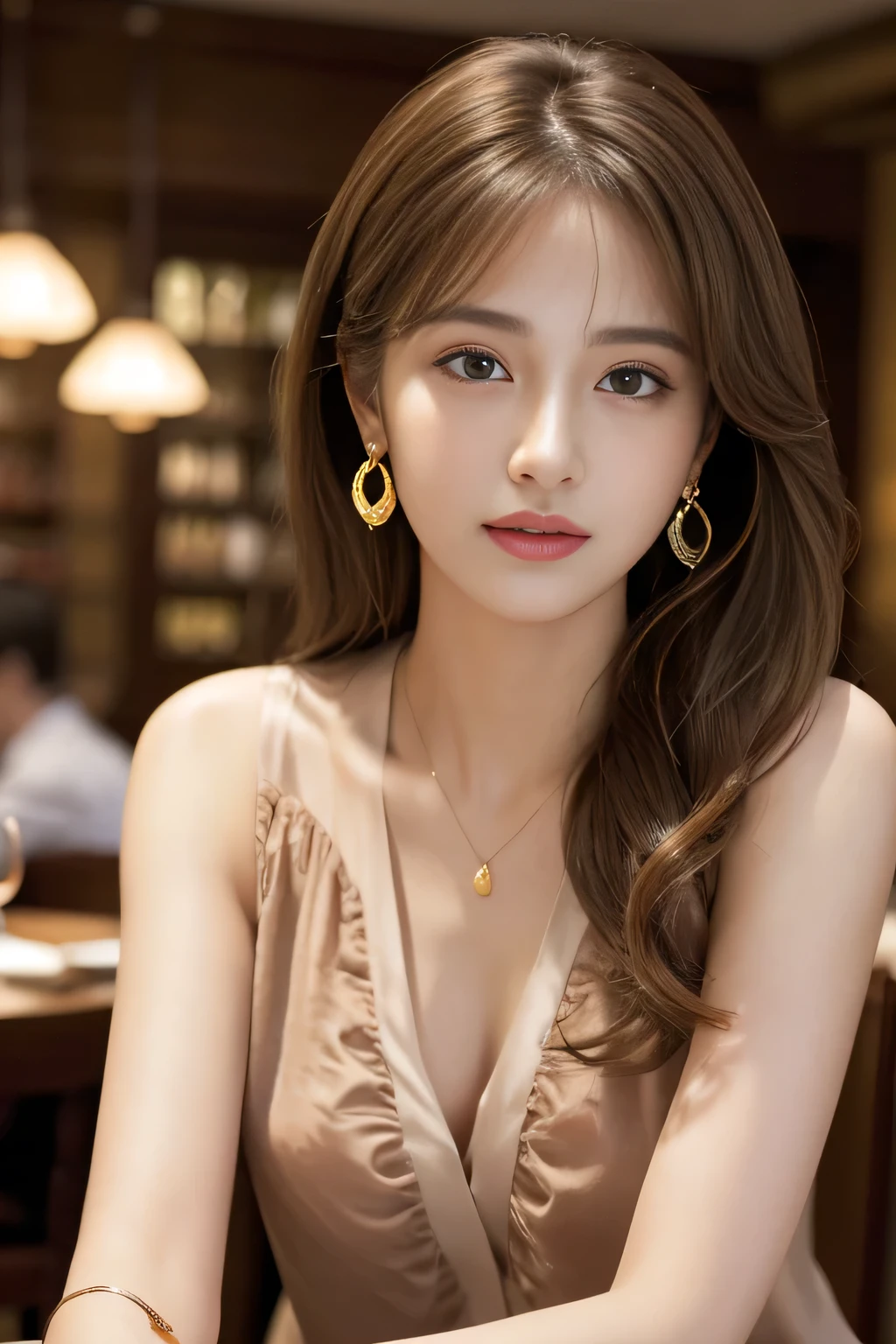 masterpiece, Highest quality, Realistic, Very detailed, Finer details, High resolution, 8k wallpaper, One beautiful woman,Wear a nice blouse, On the terrace of a lovely cafe, at noon, Light brown messy hair, Perfect dynamic composition, Beautiful and beautiful eyes、Big earrings、Sleeveless shirt、Laughter、