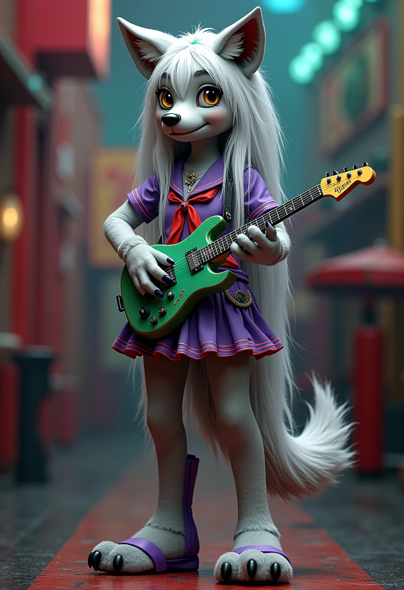 Little slim female kitten with nice big thighs and white fur and cute blue eyes and she is wearing a short dress with a full body mini skirt and she is and she is a musician and plays the guitar 🎸🎶.