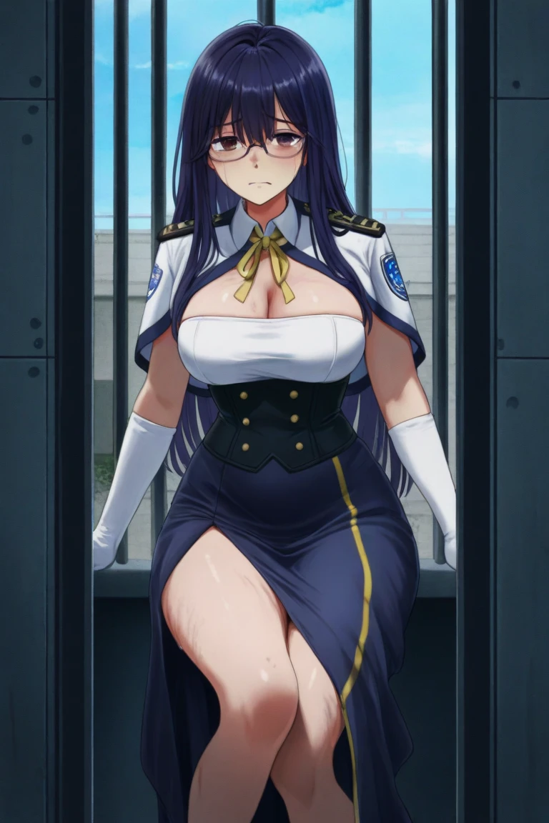Yayoi_Kusakabe, 1girl, solo, holding, upper body, outdoors, sky, day, cloud, blue sky, phone, cellphone, fence, chain-link fence, anime coloring, big breast