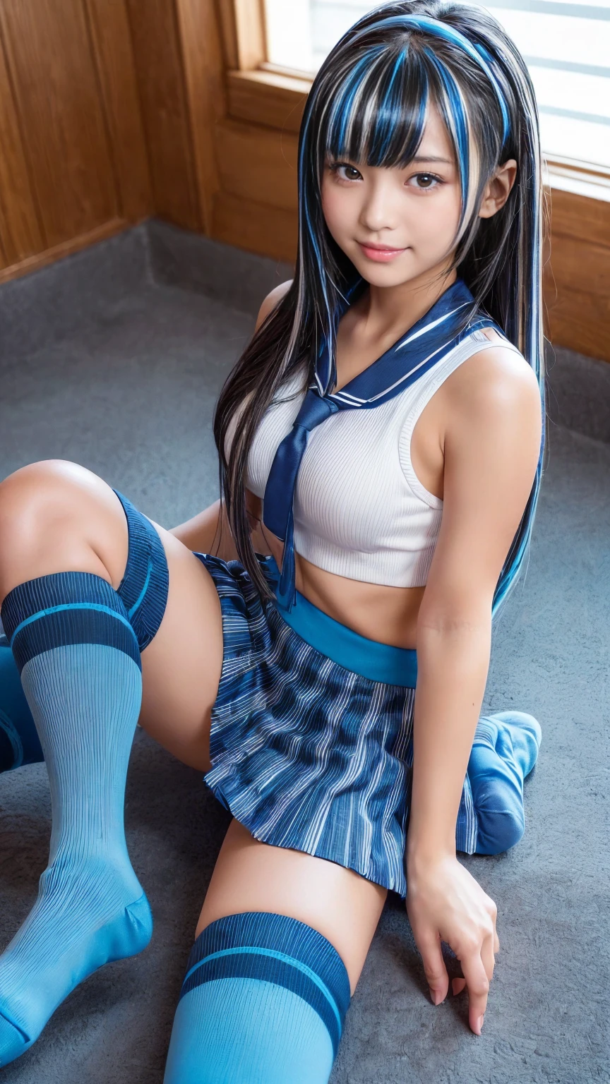 8x_NMKD-Superscale_150000_G),(8K, Super high quality,highest quality),(masterpiece:1.5),((1girl)),(spread legs:1.6),(skirtlift:1.5),Sit on the floor with your legs spread,Sit with your legs spread wide,Attach your butt to the floor,(Blue cheerleader costume,pleated skirt,panties),((high socks)),((frilled panties)),smile,beautiful feet,,((squatting,open legs)),NSFW