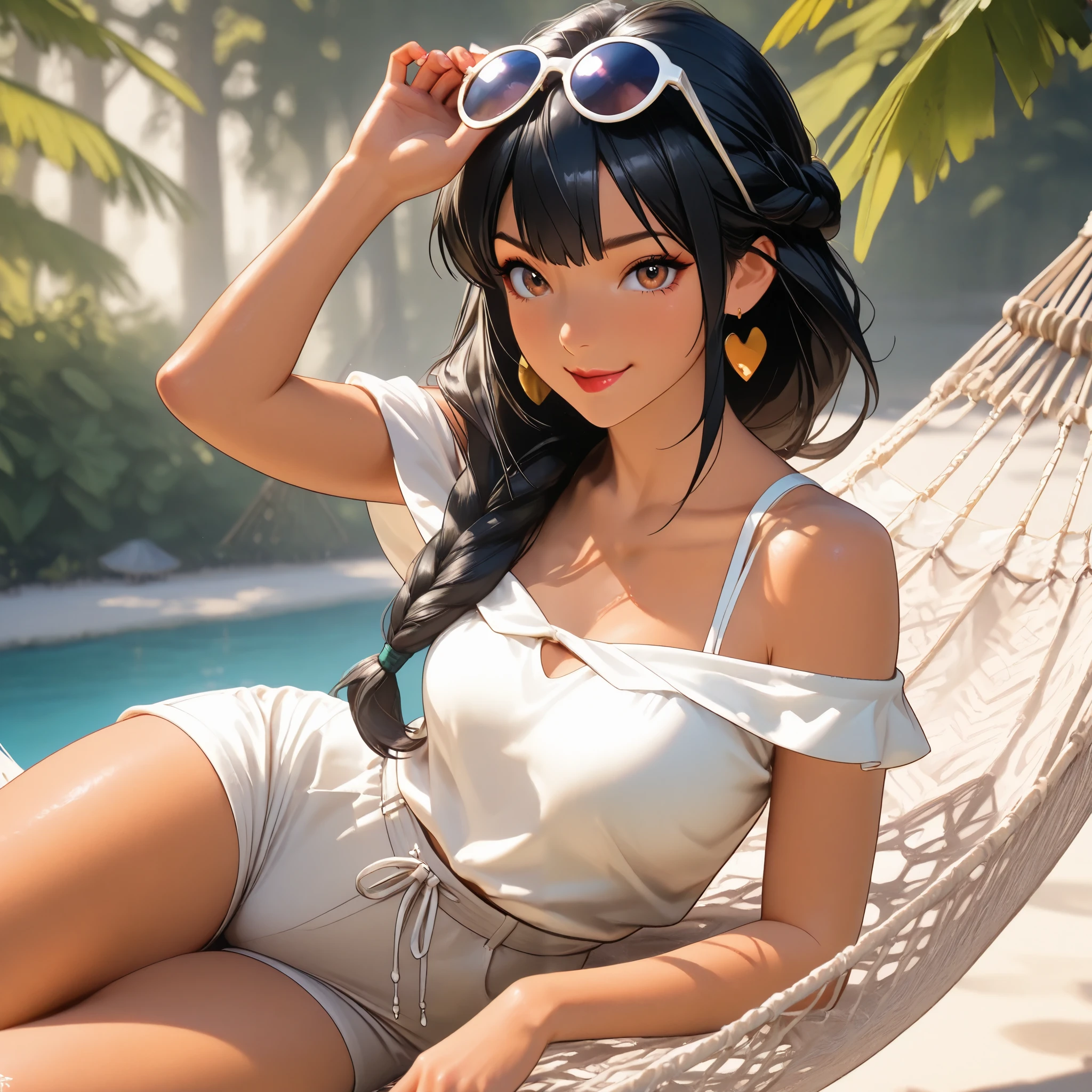 8K,Masterpiece, cgstation, hyper CGI style, extremely detailed art by artgerm, photorealistic chica anime render, 8K anime drawing style, Best Quality, 3d rendering, intricate, cute, hyper detailed, medium bust, 27 years old, a woman, sensual smile, red lips, super detailed skin, super beautiful eyes,front,perfect nose, DisyneyJasmine, 1girl, black hair, brown eyes, braid, long hair, Disney's Jazmin Princess, brown eyes, dynamic pose, black hair, long loose hair, (type of photo: medium shot, portraying the person from head to waist), Tanned young woman wearing a yellow frilly bikini, Sunglasses, Young woman wearing an off-the-shoulder top and white shorts, lying in a hammock while the orange-red sun reflects on the calm water,