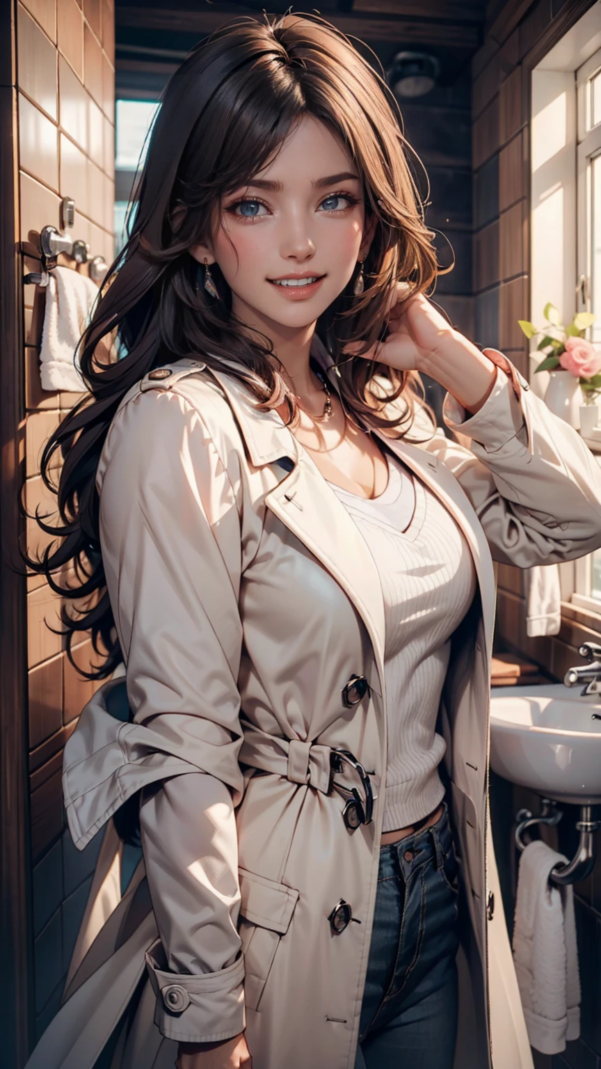 Young Latinos ((Ultra-realistic:1.2)), 24-year-old woman、Wearing a navy blue lab coat and light pink pants、Laughing a lot, The bathroom is very bright, (Close-up), Bring your face closer, Digital SLR, 100 mm、Sexy proportions、Sexy、Cleavage Emphasis、Proudly