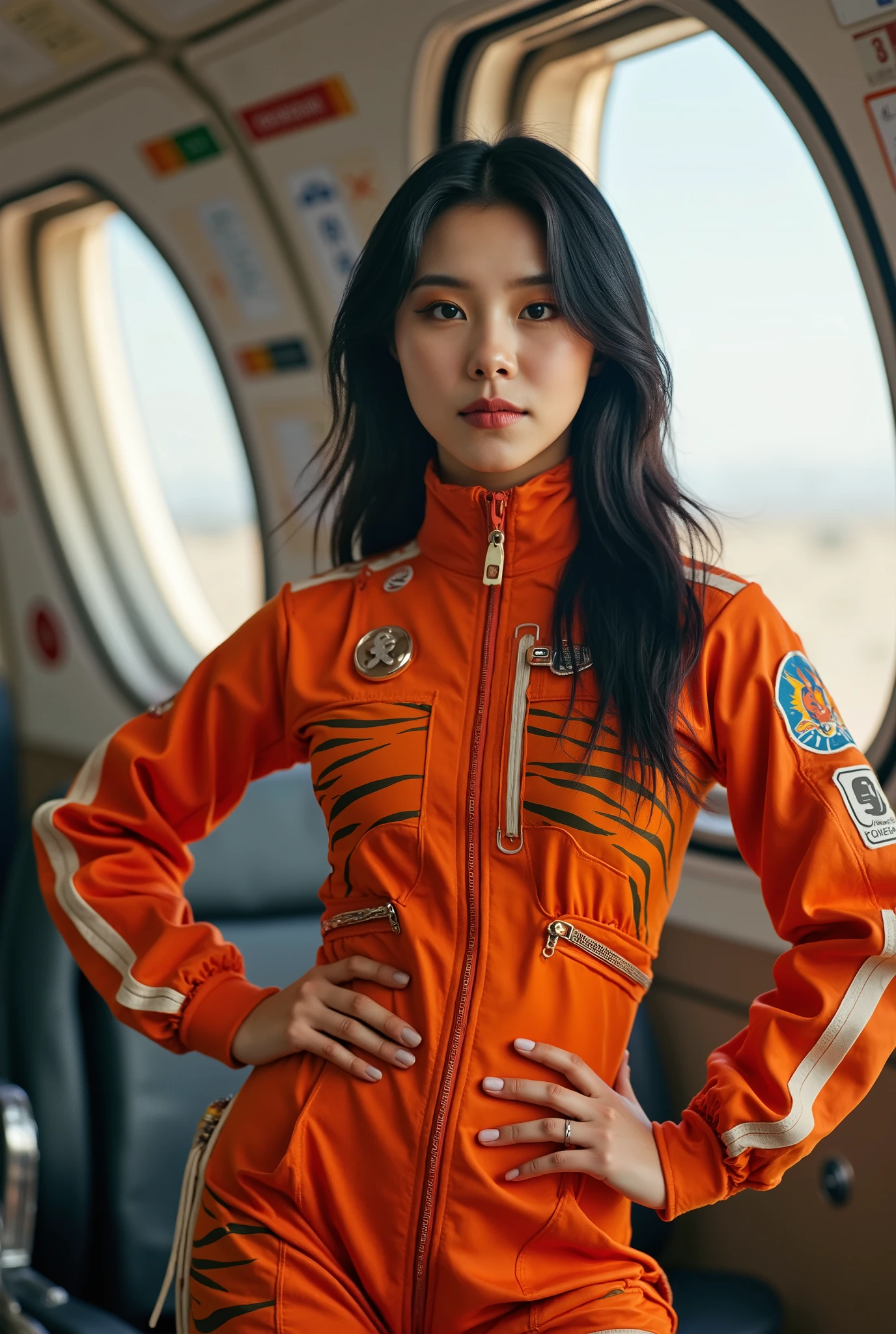 Cute korean Idol、photograph、Actual item、Cinematic Light、Lomography 、Film Camera、A 20-year-old with a like face、A well-trained body、She wears a futuristic, tiger striped orange spacecraft bodysuit that accentuates her bust line and hips、Various silver details、It fits the body very snugly、Inside the spaceship、Travel to Mars、Very big 、wh3ein, NSFW:2