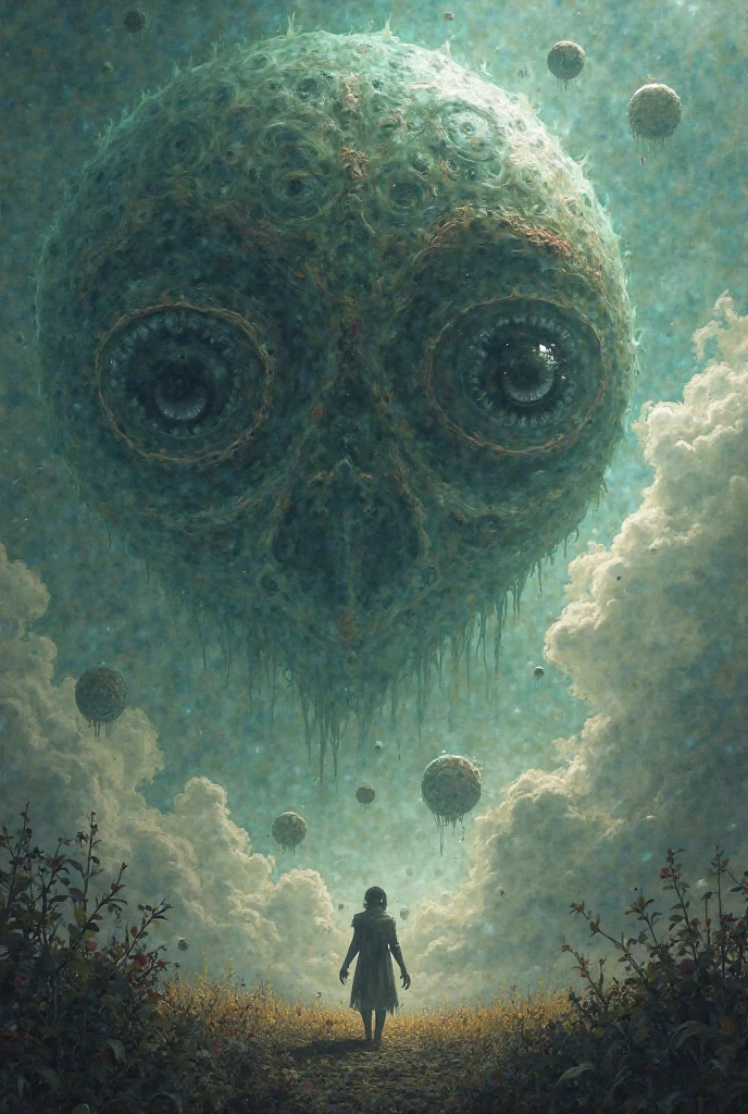 Mobis (Jean Giraud) Style - A picture by Jean Giraud Mobis, microorganism、plant、Marine life、1Stars dripping from the one eye、Starry Sky,Stitched into an abstract painting,Describing the inner world of autistic people,Sense of space,White Space,Childish lines,Psychedelic Art