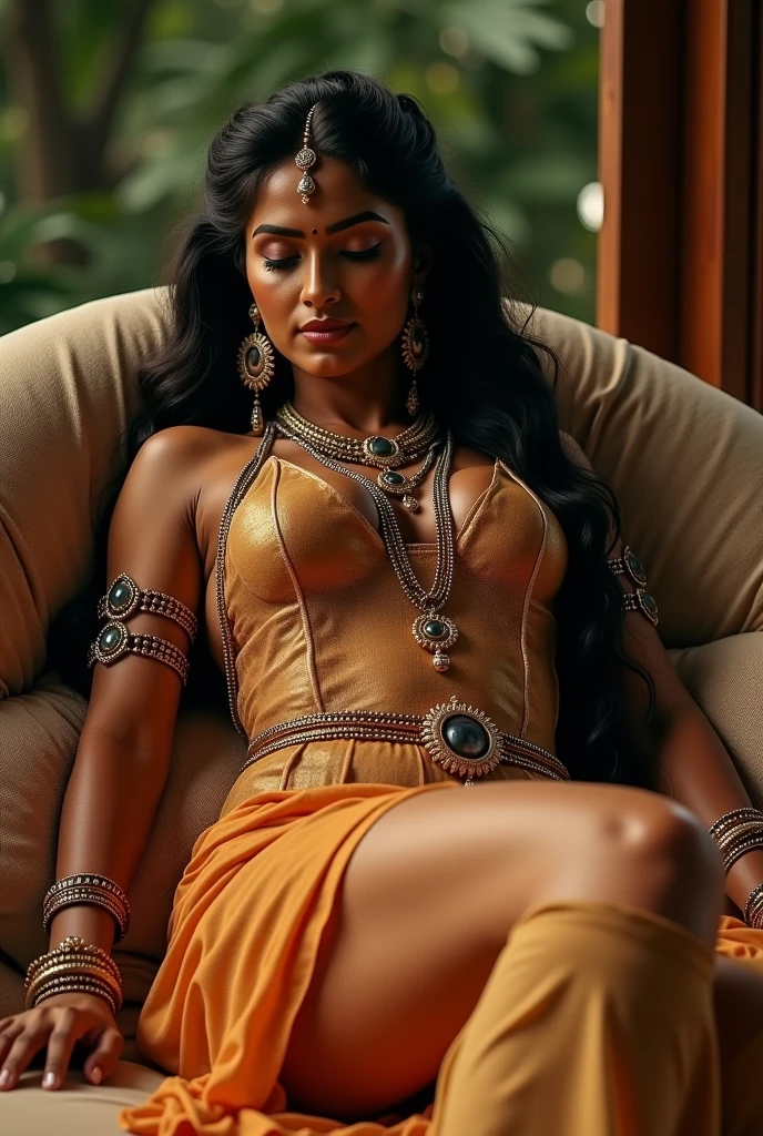 Female Khmer Warrior. Dona africana. new. long black hair, dark brown tan, Armor activated, wristbands, Templo de Angkor, whole body, holding gun, sexy tied hair, wearing jewelry, Sak yant tattoos on arm, Curvy Body, gorda, wear red wrap sarong clothes, very dark skin, cute face, large lips, Diamond shaped faces, wide and beautiful nose, defined features on the face, apsara jewelry in, gold leaf jewelry, fighting in war. without bra. with dagger in hand. crouched