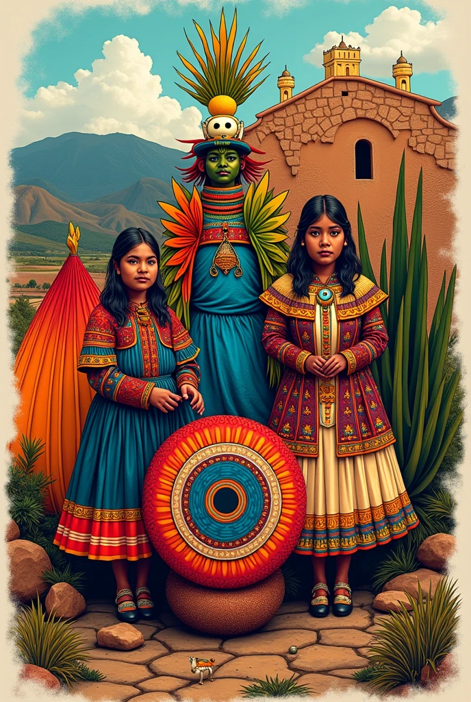 the essence of Mexican pride, featuring lush, vibrant colors and traditional elements that represent the richness of Mexican culture.Imitating the style of the artist Karla Hernandez Murgia , people decorated with trivales pattern The composition being vibrant and dynamic, showing the beauty and depth of Mexican heritage. More than one person eating in harmony Include symbols of Mexican heritage, like traditional patterns, Colorful decorations and iconic figures that embody the spirit of Mexico. Skulls in the background that frame Mexican pride through the inclusion of natural elements such as mountains and sociocultural elements (traditions, gastronomy, music, festivities, prehispanic cultures, iconic characters, legends) native to Mexico. In the background see colorful and tribal patterns referring to Mexican culture. Mexican flowers, red rose skulls and the main character holding a pre-Hispanic machete