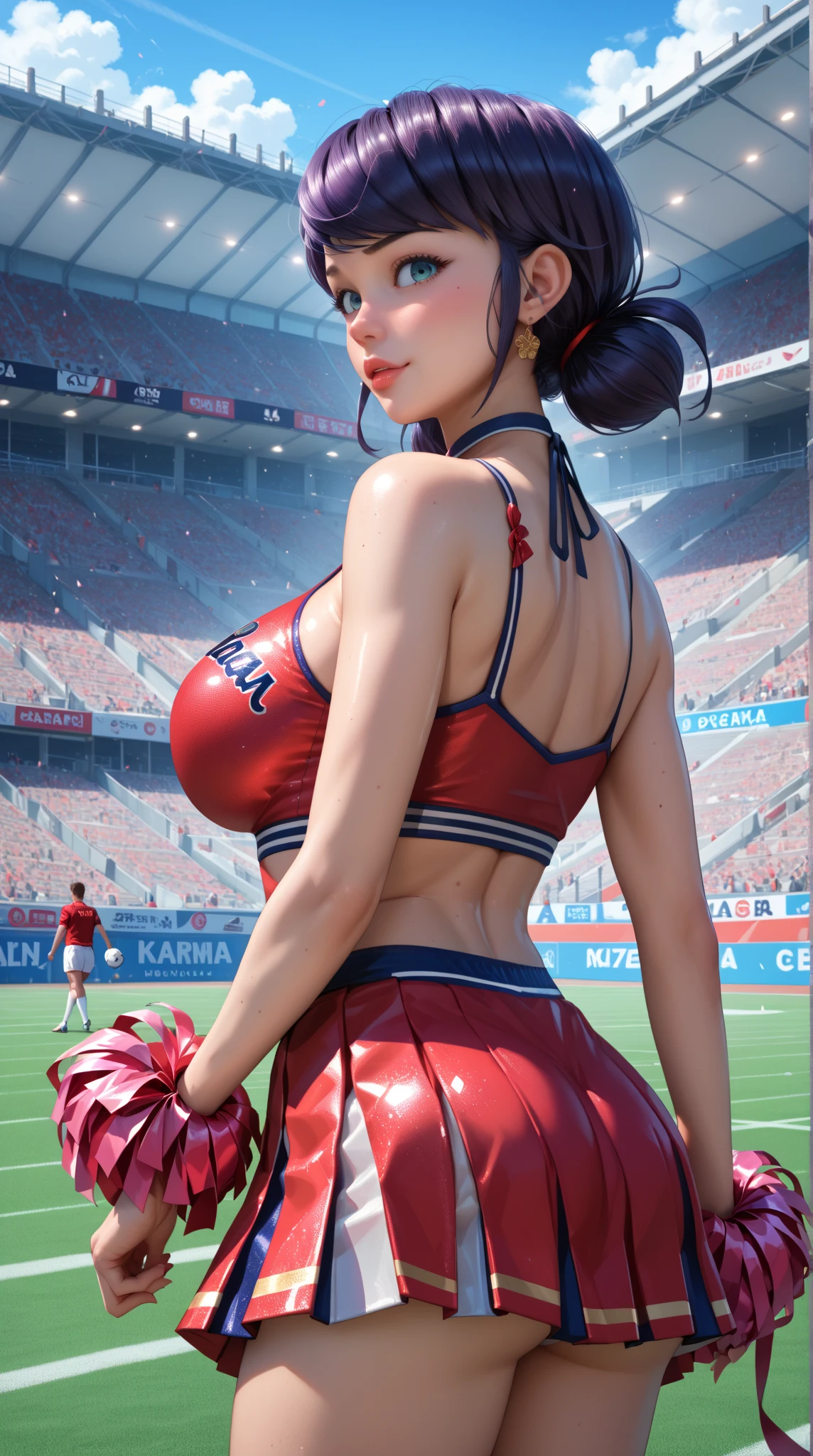 ((master parts, highest quality,Shinkai is absurd.( 1 woman,I, long hair, 21 years old,expressive blue eyes,huge breasts, huge breasts), Cheer Uniform Sleeveless Gym Top, pleated skirt,White laced panties with bandages, socks))) , College Football Field,Other blurry buildings at the bottom of the image,  Day，College Football Field，College Football Field，College Football Field