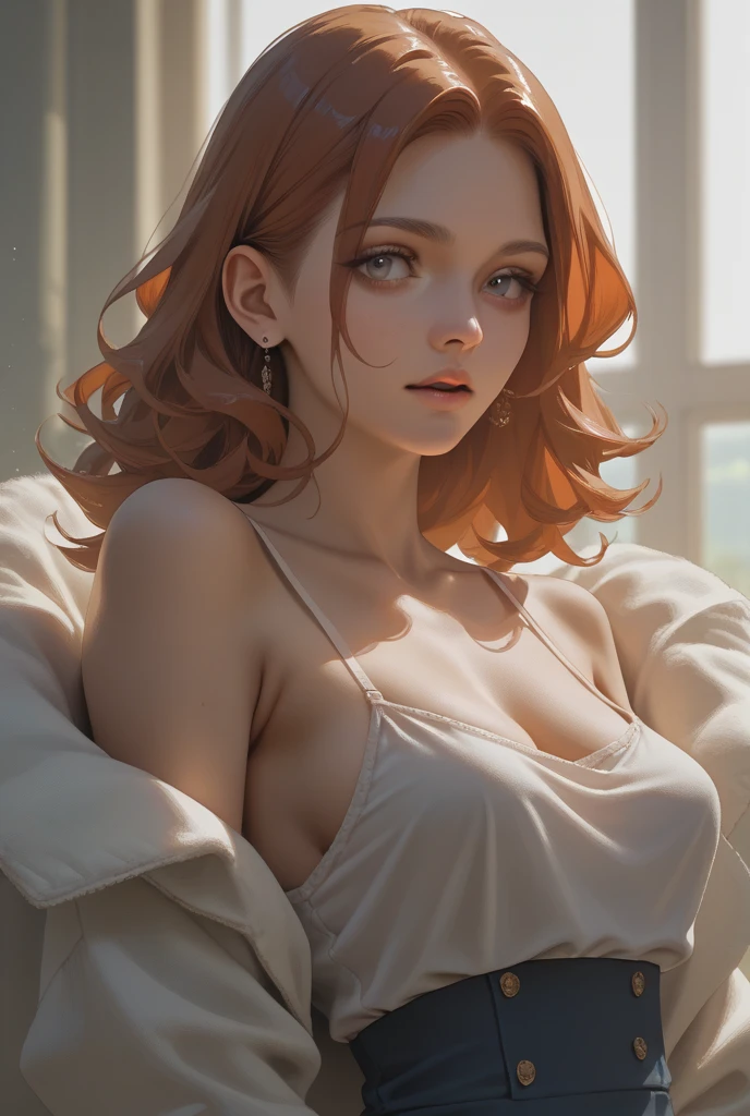 ((((Masterpiece, Best Quality, high resolution)))), Extremely detailed 8k, Beautiful girl with voluptuous body, (ultra high definition, ultra detailed, Very detailed, very realistic, ultrarealistic, realistic photography), (1 girl:1.5), (realistic red hair), (long wavy hair, Hair ornaments, earrings), (dynamic poses), looking to the camera, looking at the viewer, (blushing red, ashamed, SMILE), (Hazel eyes, sharp eyes), (large and perky breasts:1.2), (beautiful detailed face, Beautiful detailed eyes), ((silk dress)), (sitting on the couch), sweat, glow, (Sun ray, sunlight), ((cowboy shot)), bedroom, seductive