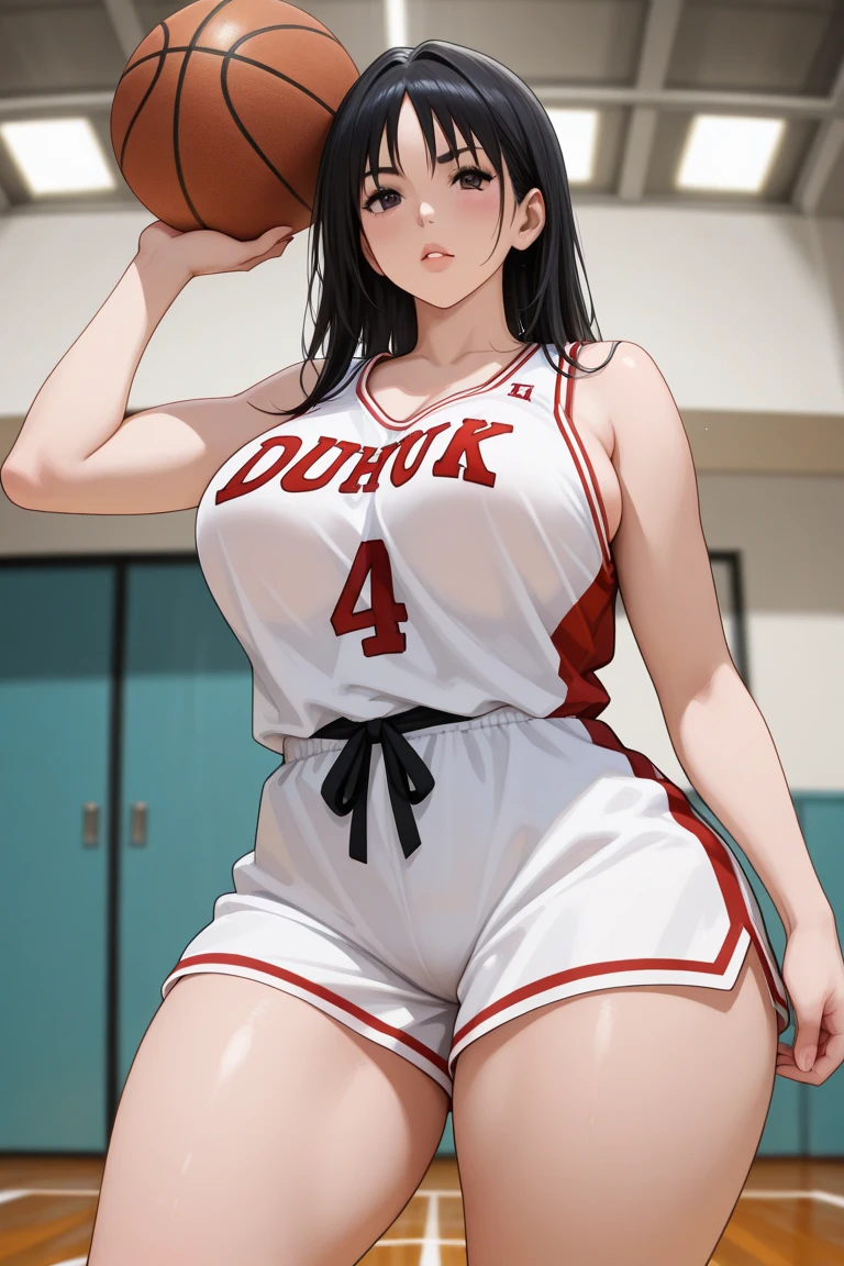 showing her armpits, (voleyball t-shirt), (voleyball short pants), volleyball court background, NJAkiV4, oda non style, anime cels style, pink lipstick, purple eyes, (long hair), best quality, high resolution, (cowboy shot, 1 girl, 30yo,Young female,Beautiful Finger,Beautiful long legs,Beautiful body, Beautiful Nose,Beautiful character design, perfect eyes, perfect face,expressive eyes, perfect balance, looking at viewer,(Focus on her face), official art,extremely detailed CG unity 8k wallpaper, perfect lighting,Colorful, Bright_Front_face_Lighting,White skin, (masterpiece:1.0),(best_quality:1.0), ultra high res,4K,ultra-detailed, photography, 8K, HDR, highres, absurdres:1.2, Kodak portra 400, film grain, blurry background, bokeh:1.2, lens flare, (vibrant_color:1.2),professional photograph, (Beautiful,huge_Breasts:1.4), (beautiful_face:1.5),(narrow_waist)