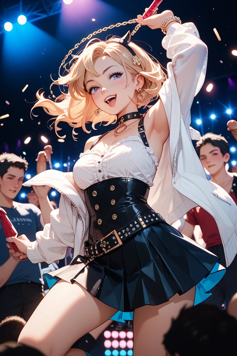 masterpiece,best quality, ultra-detailed,1girl(sakurai momoka, lovely small breasts, glow skin, wavy hair, long hair, blonde hair, headband(red ribbon),green eyes),a face in love, smile, open mouth, glow lips, head tilt, solo, blue jacket, white tank_top, cleavage,covered nipples, navel, blue short shorts,  fishnets pantyhose, in the stage, dancing, sexy dance, Sexy waist teasing, mike grab, sing , singing