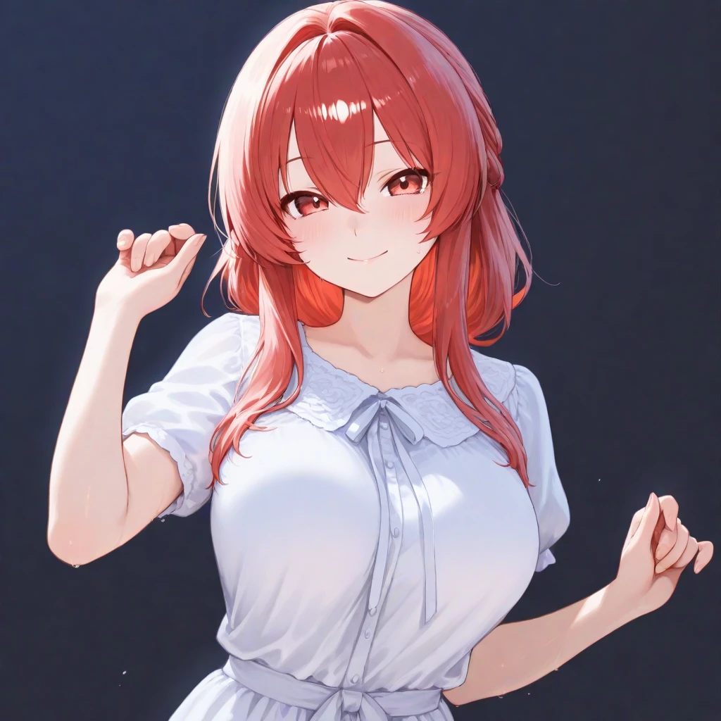 (looking at viewer:1.5)Upper Body, waving hand,5 biologically correct fingers、
Realistic, real person, RAW photo, photorealistic, portrait photography, shiny skin,
25-year-old woman、(Medium Hair) and (red hair) and (red eyes),
Wearing a white T-shirt、
smile, open mouth,,park、(alone:1.5)