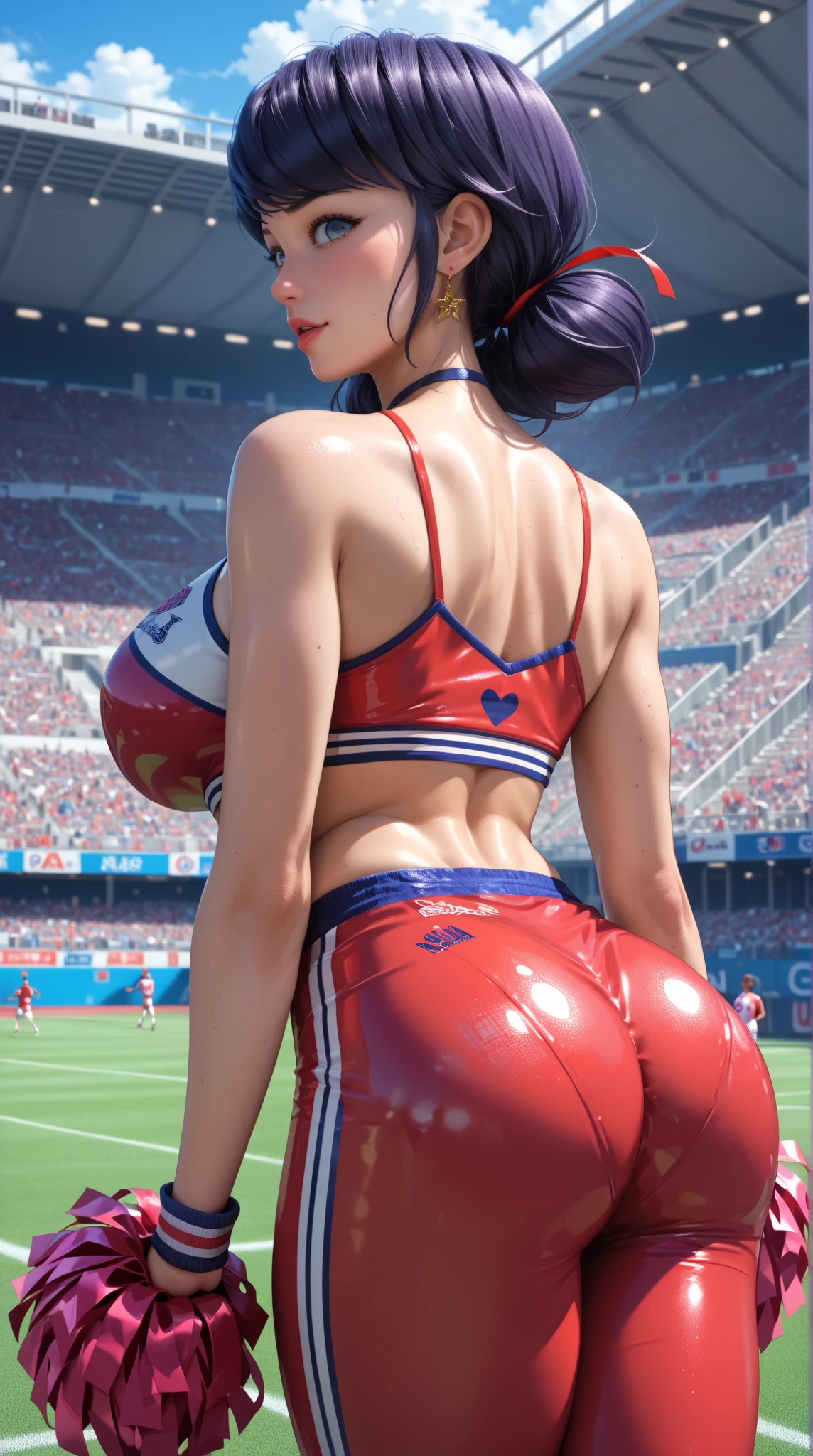 woman, white skin, caucasian, blue-black hair, wavy hair, long hair, hair parted in the middle, athletic body, blue eyes, low-cut leotard, white leotard, sports leotard, sneakers, Olympic stadium, slight smile, red lips, standing , small breasts, athletic legs, highlighted nipples, athletic buttocks, buttocks, shot from behind.