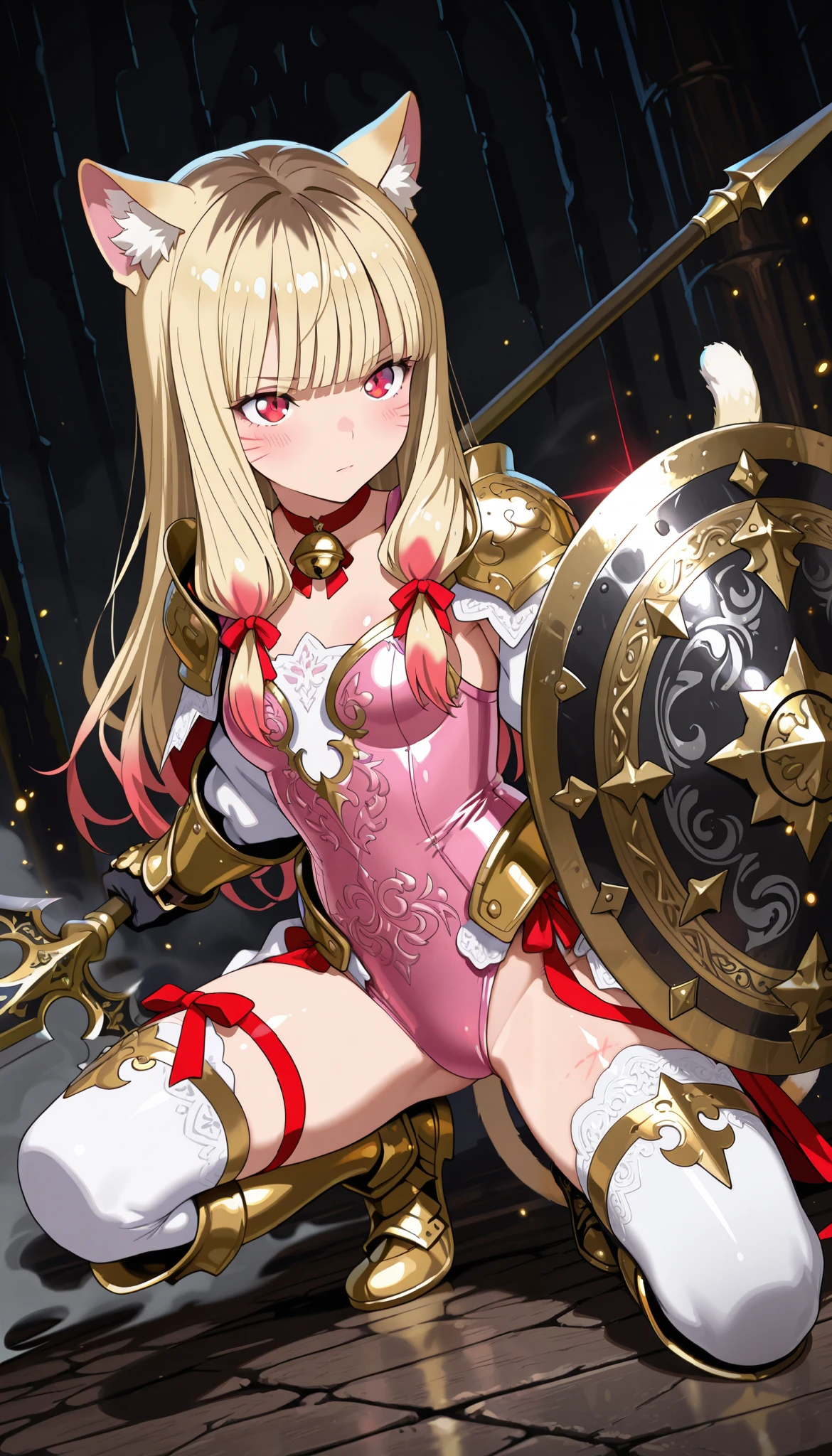 masterpiece, best quality, amazing quality, 1girl, full body, dynamic angle, slender body, small breasts, animal ears, cat ears, whisker marks, cat tail, blush, serious, looking ahead, bell choker, (red eyes, cat eyes), (long hair, ribbons, ombre hair, (yellow) hair, multicolored hair, two-tone, (light red) hair, blunt bangs, rubber, sidelocks, tied sidelocks ), pink leotard, gauntlets,golden Armored clothes, steel, cat pattern, printed on, gold trimmed, white thighhighs, thigh strap,boots, squatting, Preparing pose, ((one hand holding weapon, holding spear, one hand holding metal shield, shiny spear, engraving, engraved)),ancient, night sky, dark background, dark atmosphere, low lighting, motion blur, solo focus, medieval, blooming light,fog, soft focus, particles, engraved,