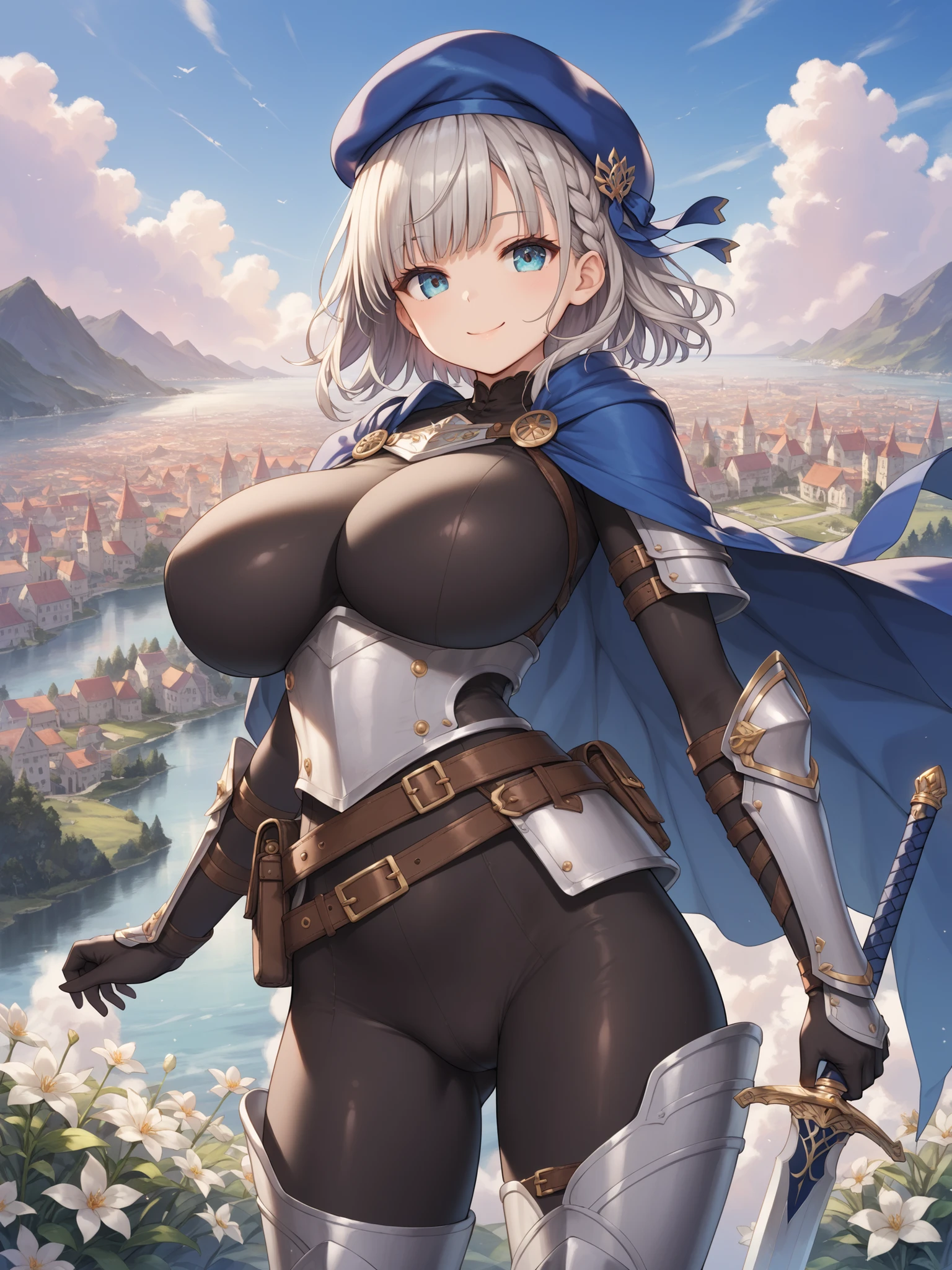 masterpiece, best quality, integrated scenery, integrated background, extremely delicate and beautiful, meticulous details, good composition,  cute face, perfect face, perfect hands,  fantasy, 1petite_girl,very_young_girl,petit ,light_grey_hair, short_hair, one_side_long_braid_bangs, bare_breasts,thigh_belts,thighs_armors,,silver_armor,flowers_beret, waist_large_belt, waist_armor, gigantic_breasts,half_closed_eyes,floating_hair, bare_crotch,heavy&large_gauntlet, large_greaves,city_background,slightly_spread_legs, solo, groin_naked,lean back,open_legs,closed_mouth,light_smile,cape, Carrying_sheathed_huge_sword_at_waist,(navel:0.5),black_bodysuit,