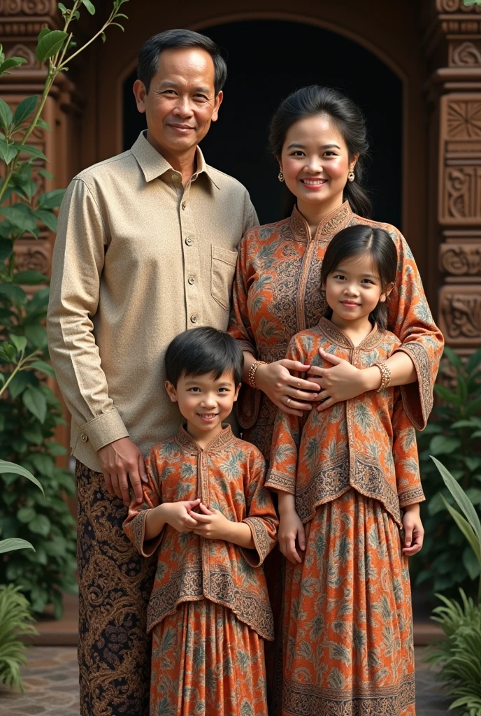 Her name is Samsiah, She is 70 years old, She wears an Indonesian headscarf and sarong and is dressed in Muslim attire, He was with 3 handsome adult sons and 5 beautiful daughters wearing headscarves., They live in a verdant village, They are all Javanese Indonesians, They are a happy family.
