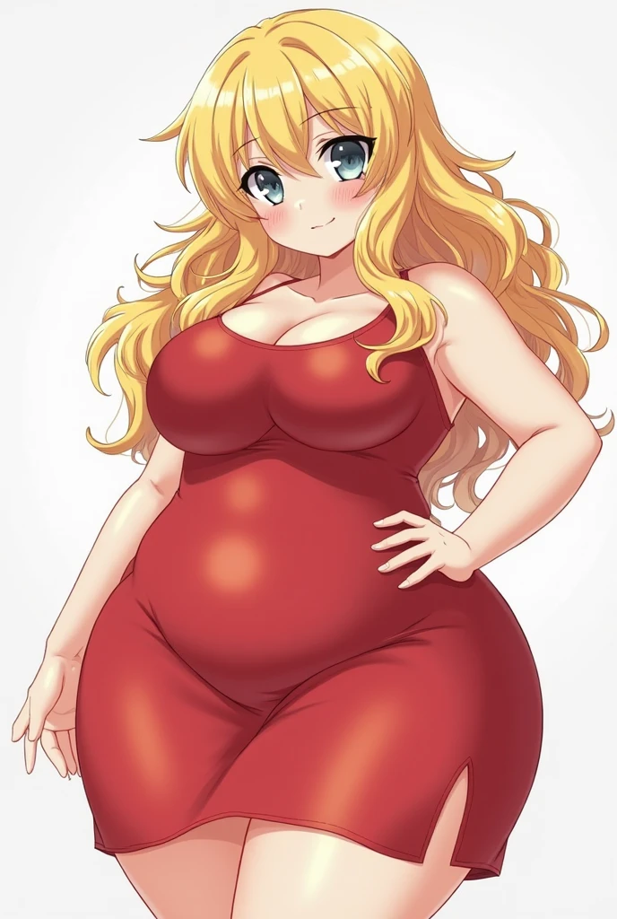 Girl, of short stature, green eyes, Blonde hair with a green ribbon tied, red dress and red boots, with a huge butt, huge breasts, thick thighs, with the tight dress in anime