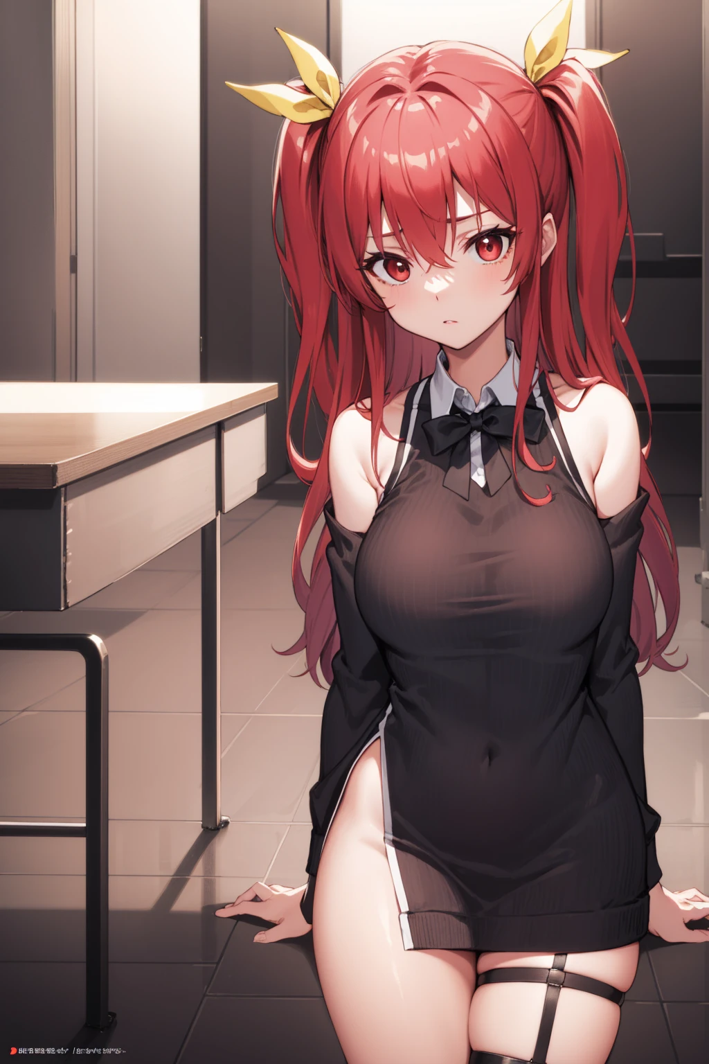 ((masterpiece)), (Highest quality), (Simple style), Red hair, long hair, pink eyes, naked, indoors, standing, body harness, holster belt, belt, high socks, masturbation