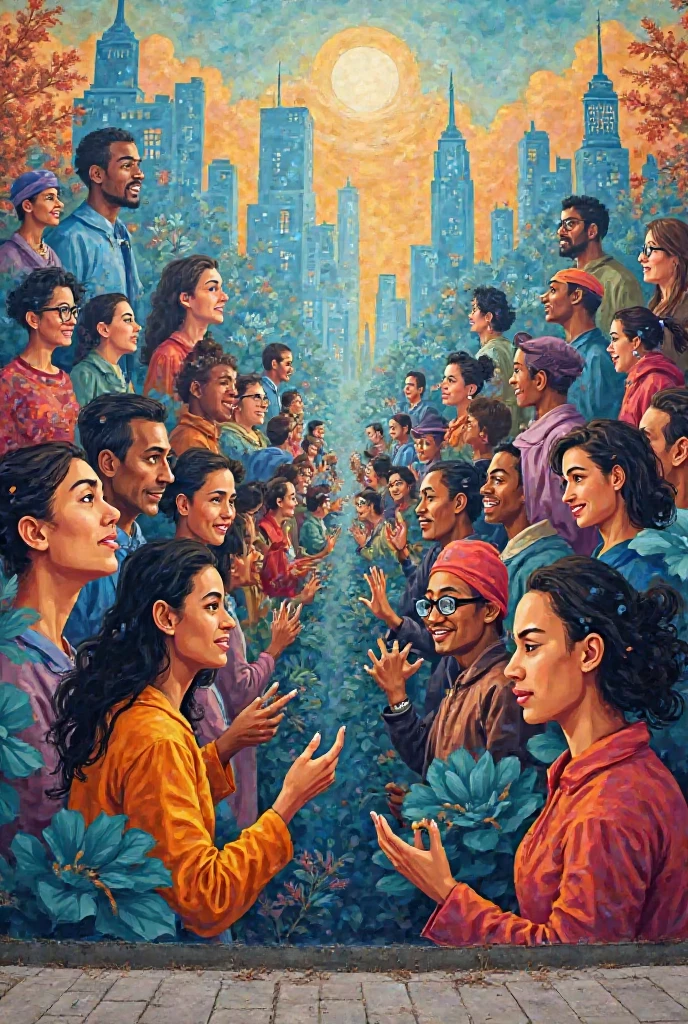 Create an image for a mural that resents the importance of dialogue and transparency in society
