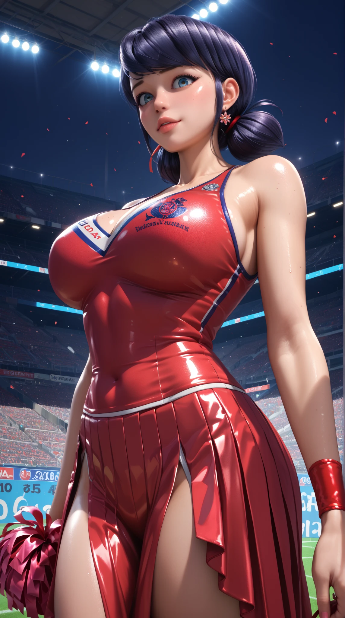 Body position: Full body, standing, straight, symmetrical, barefoot.
Lustful smile on face with red blush,
(A girl playing football, blue football uniform), (sweating:1.2), (wet), sexy, blushing,
masterpiece:1.2, best quality), realistic, (real picture, intricate details, depth of field), (1girl, solo), make up, parted lips, highly-detailed, perfect face,
(huge breasts:1.4), (skindentation), thick thighs, wide hips, small waist, tall, glossy coral lips,
red hairs, red eyes, long messy hair,
