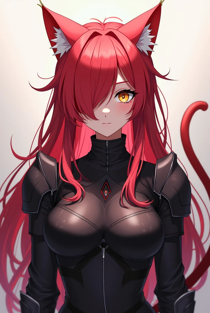 a female anime or game character with cat ears. She has long, Hellen, red hair, that flow down the sides of her face. Her eyes are striking and shine in a yellow-golden hue. She wears a black, of the leaders, Top with a small neckline, which is accentuated by white and black lines. The character has an emotionless facial expression.