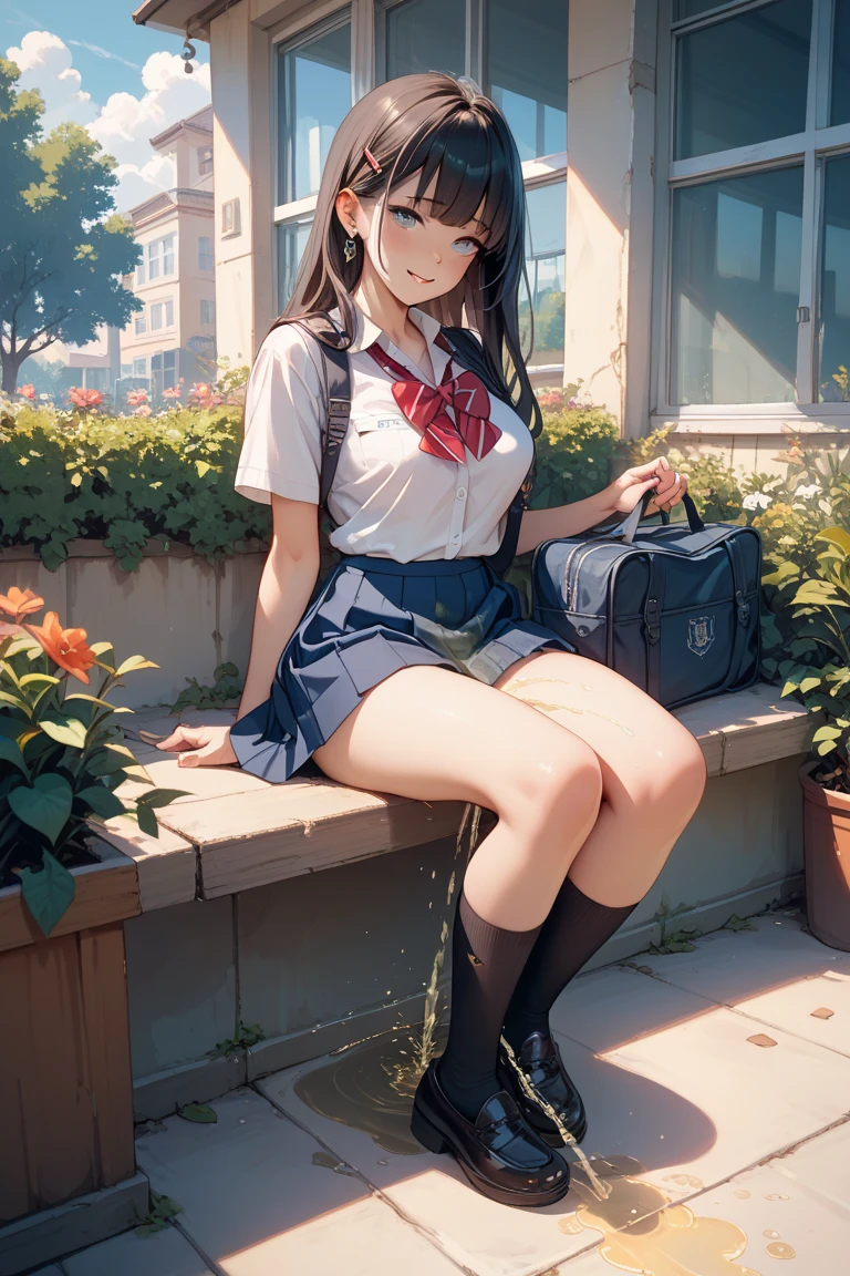 1young girls, (extremely detailed beautiful face), Smile happily, (Best Quality:1.4), (Ultra-detailed), (extremely detailed CG unified 8k wallpaper), Highly detailed, High-definition raw color photos, Professional Photography, Realistic portrait, Cinematic Light, Bangs, (High School Uniform, Pleated mini-skirt:1.3), smile, ((forest)), ((hot spring, onsen)), (flower garden), (lots of wildflowers:1.5), sitting, (view from below),
