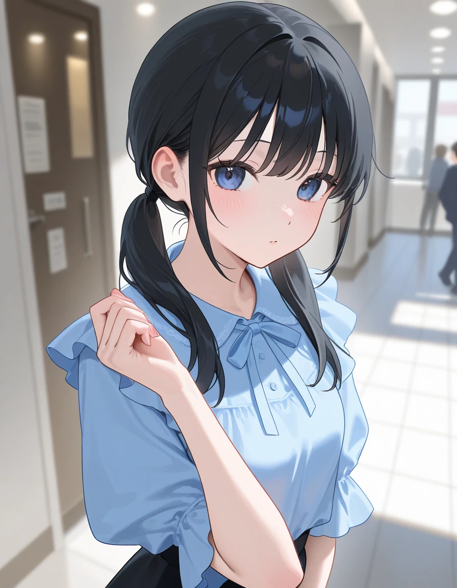 A girl taking a commemorative photo。Black Hair。White-based clothing