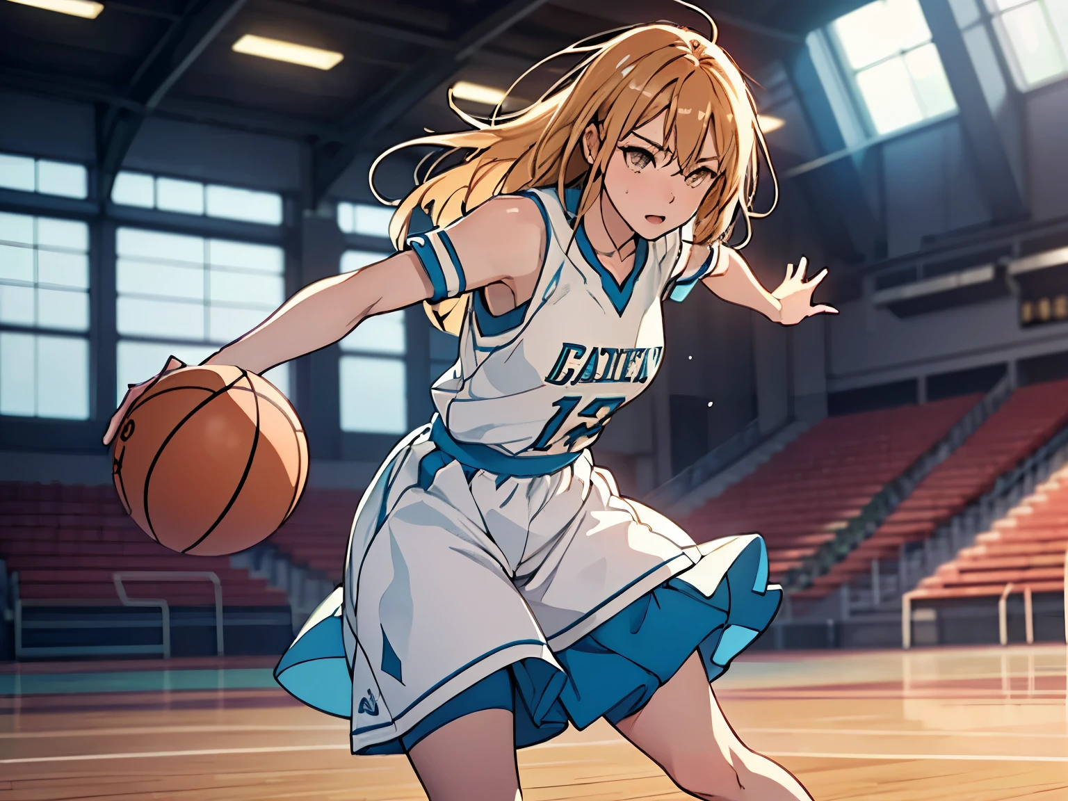 "Anime-style scene (high energy:1.3), featuring a female basketball player in mid-action (dynamic pose:1.4). She is a young woman with athletic elegance (graceful movement:1.2), replicating Chinatsu Sempai’s design. Her hair is medium-length, flowing with movement, with signature strands framing her determined expression (intense focus:1.3). She wears a basketball uniform in light tones (white and pastel accents:1.2), emphasizing the sporty aesthetic. The setting is a high school gymnasium with wooden floors reflecting the stadium lights (vivid indoor lighting:1.2). (detailed environment:1.1), the basketball hoop and net are central elements, with action blur highlighting the speed and intensity of the moment. Sweat droplets and slight blush add realism to her effort. The ball is mid-air, captured in a perfect arcing trajectory towards the basket (motion effect:1.3), surrounded by subtle lighting flares. Style: anime-inspired art, sharp and clean lines, vibrant colors, and expressive emotion."