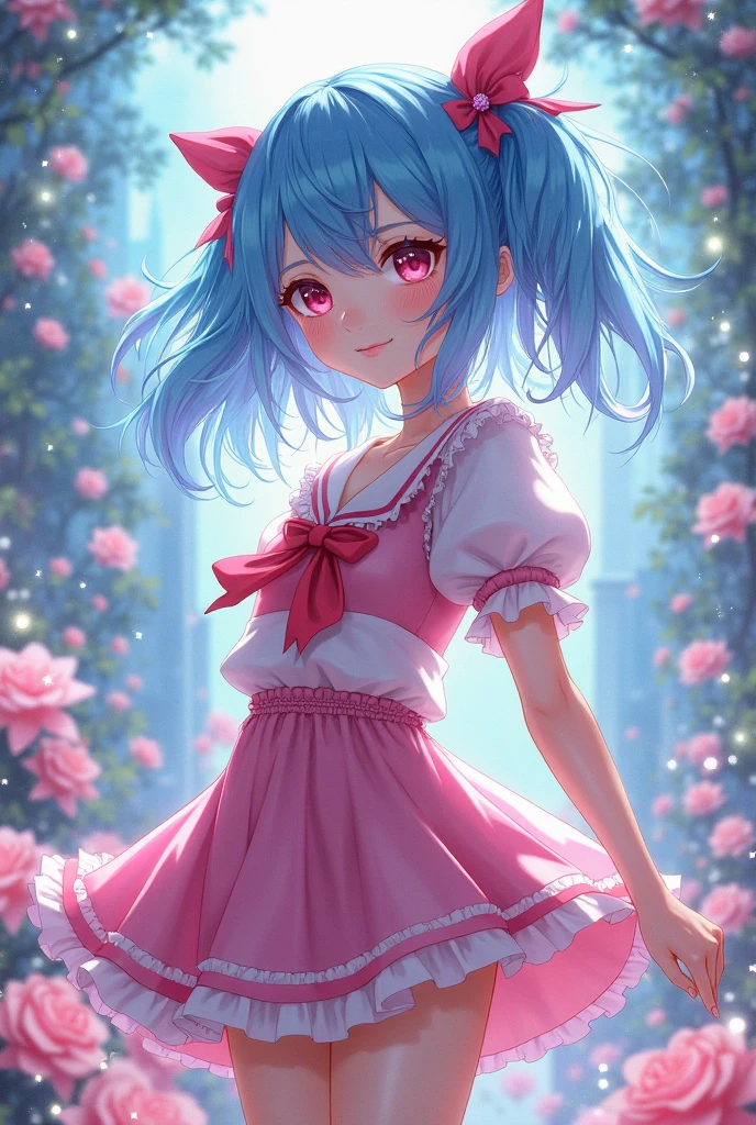 ((best quality)), ((masterpiece)), (detailed), femboy, blue aqua hair, blue eyes,short hair,( flat chest), thin body, big butt, cute face,blush on face, smile face, frilled dress, short dress, red color dress, sexy pose, hot pose, flower background