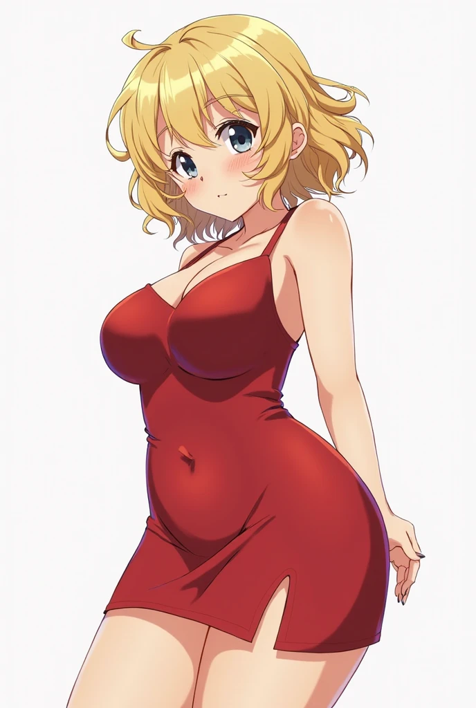 Young woman 18 years: 1.3, Short blonde hair: 1.2, Tall: 1.2, Occupation: 1.2, Nighttime: 1.2, Bedroom: 1.2, Film lighting,  Best quality, 8k, red short bodycon dress, strapless, sleeveless, sexy, sexy pose, sexual arousal, cleavage, necklace, elegant party, llchar, bare shoulders, bare arms, large breasts ((anime strokes)) Korean girl, seductive look, sexy, open mouth and smiling ((medium breasts)) (best quality)