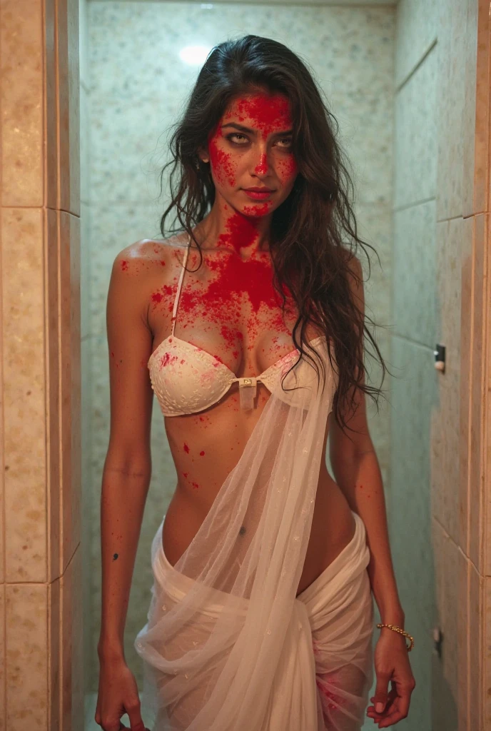 Young woman, ruined city, blood on body, naked, tits, breast, underpants, lace underwear