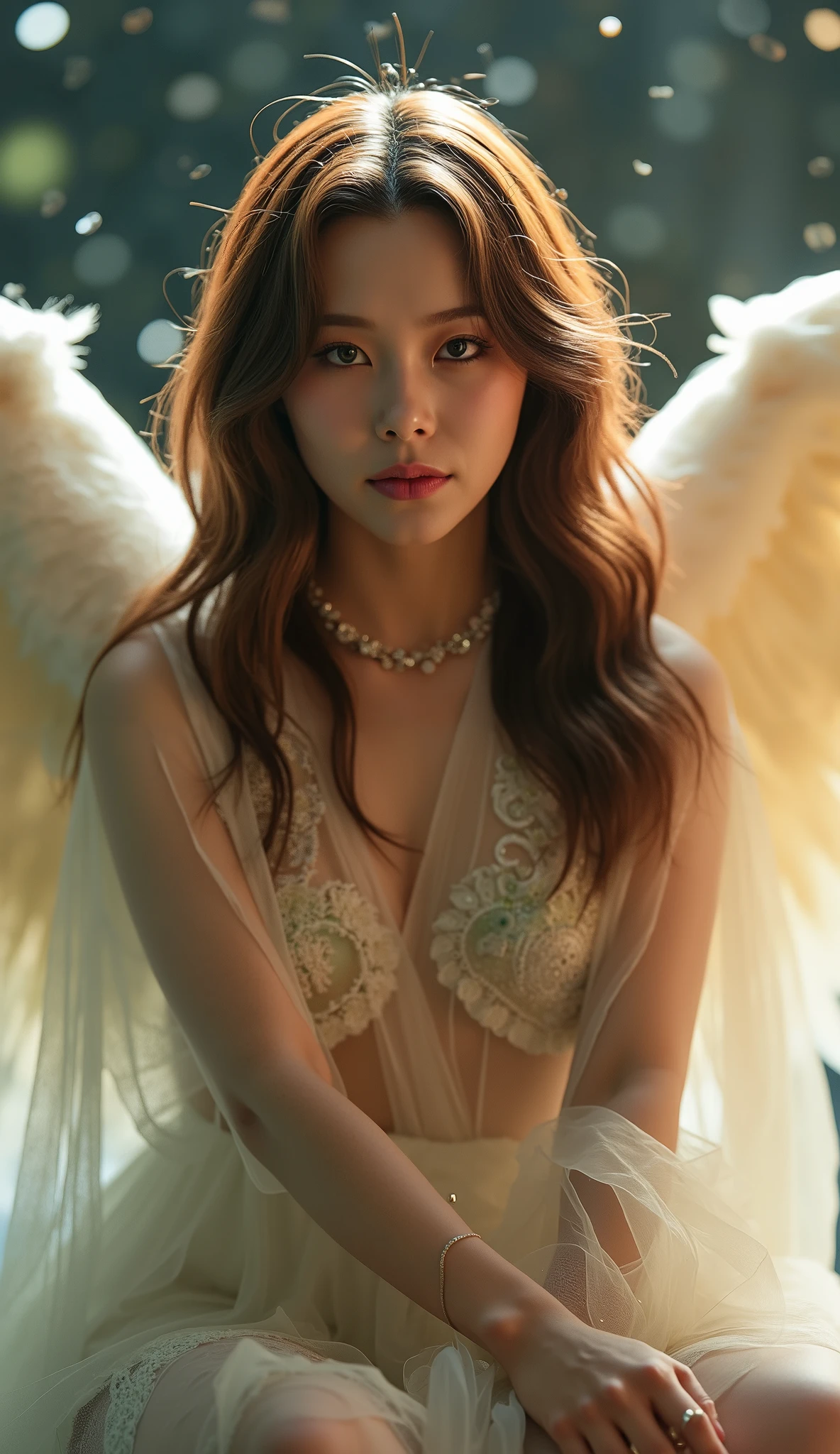 hyperrealistic image maximum quality, perfect masterpiece, perfect work of art, 8k. a young and beautiful nude angel woman posing seated,intricate detailed face and eyes,long wavy hair,elegant pose,angelic look,glowing aura,ethereal atmosphere,(best quality,8k,photorealistic,hyper detailed,masterpiece:1.2),cinematic lighting,warm soft colors,dramatic lighting,mystical,concept art, wh3ein