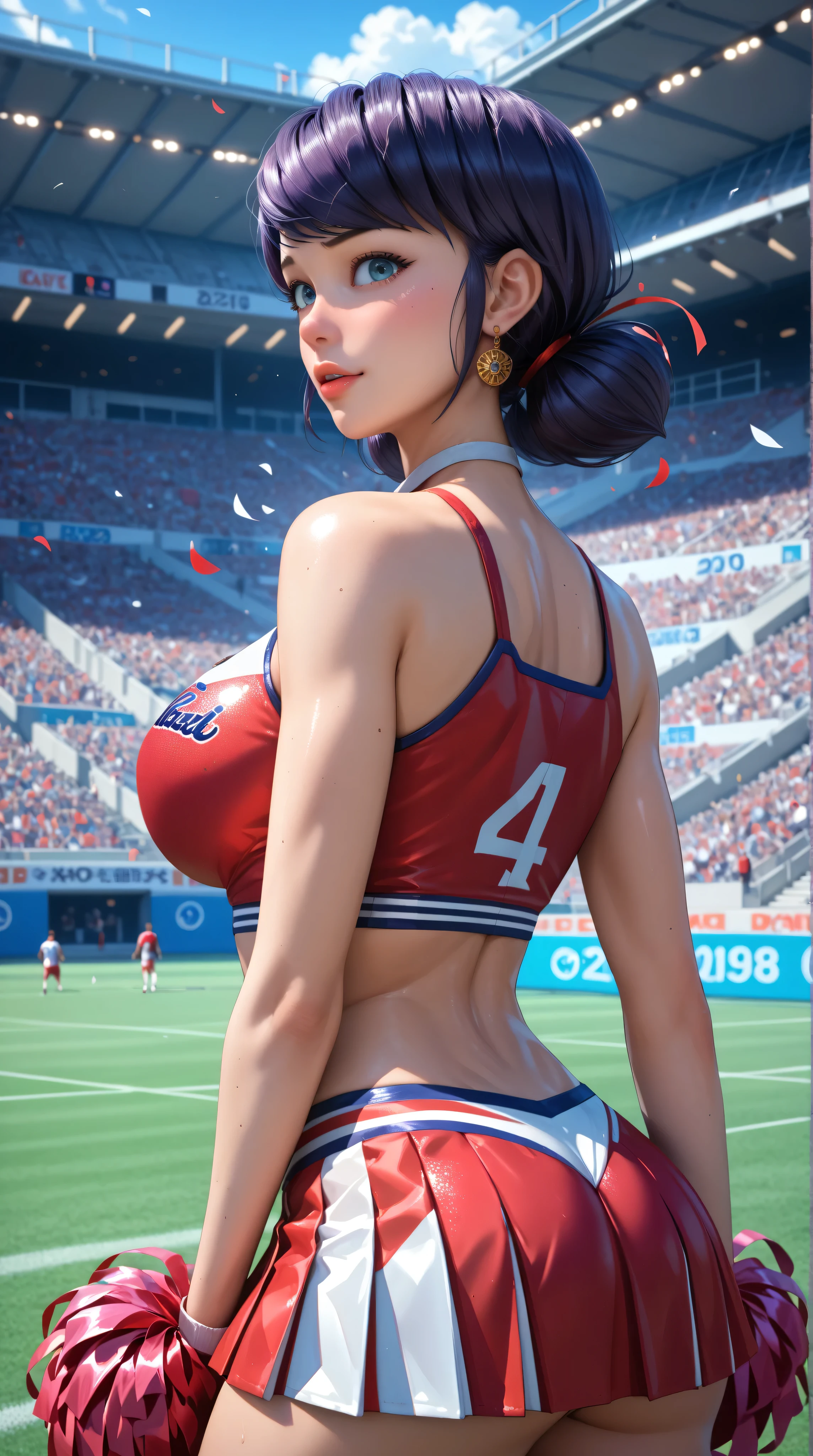 Score_9, Score_8_up, Score_7_up, Score_6_up, Score_5_up, Score_4_up, Source_anime, Tag1, Tag2, Quality_masterpiece, 1 Mai_mirac, 18 year old, Anatomically correct, Beautiful face, Detailed face, Delicate facial features, Detailed skin, big breasts, oily skin, shiny skin, young female Seductive, Elegant, Glamor, wearing a red cheerleader outfit, back towards viewer, facing away from viewer, background football stadium