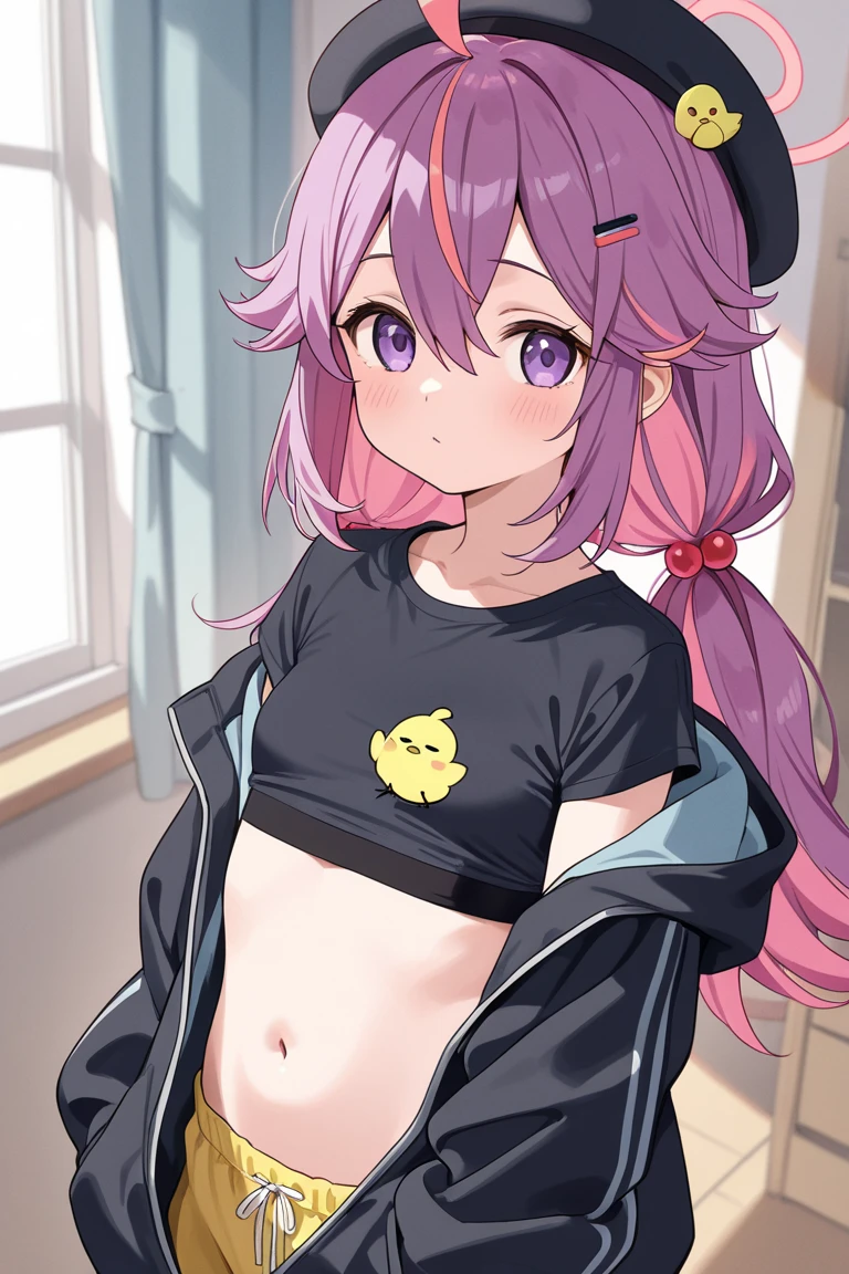 {hololive, tokoyami towa,purple hair, twintails, green eyes, long hair,demon tail}{whitejacket, black shorts, black cap,navel}, masturbation
