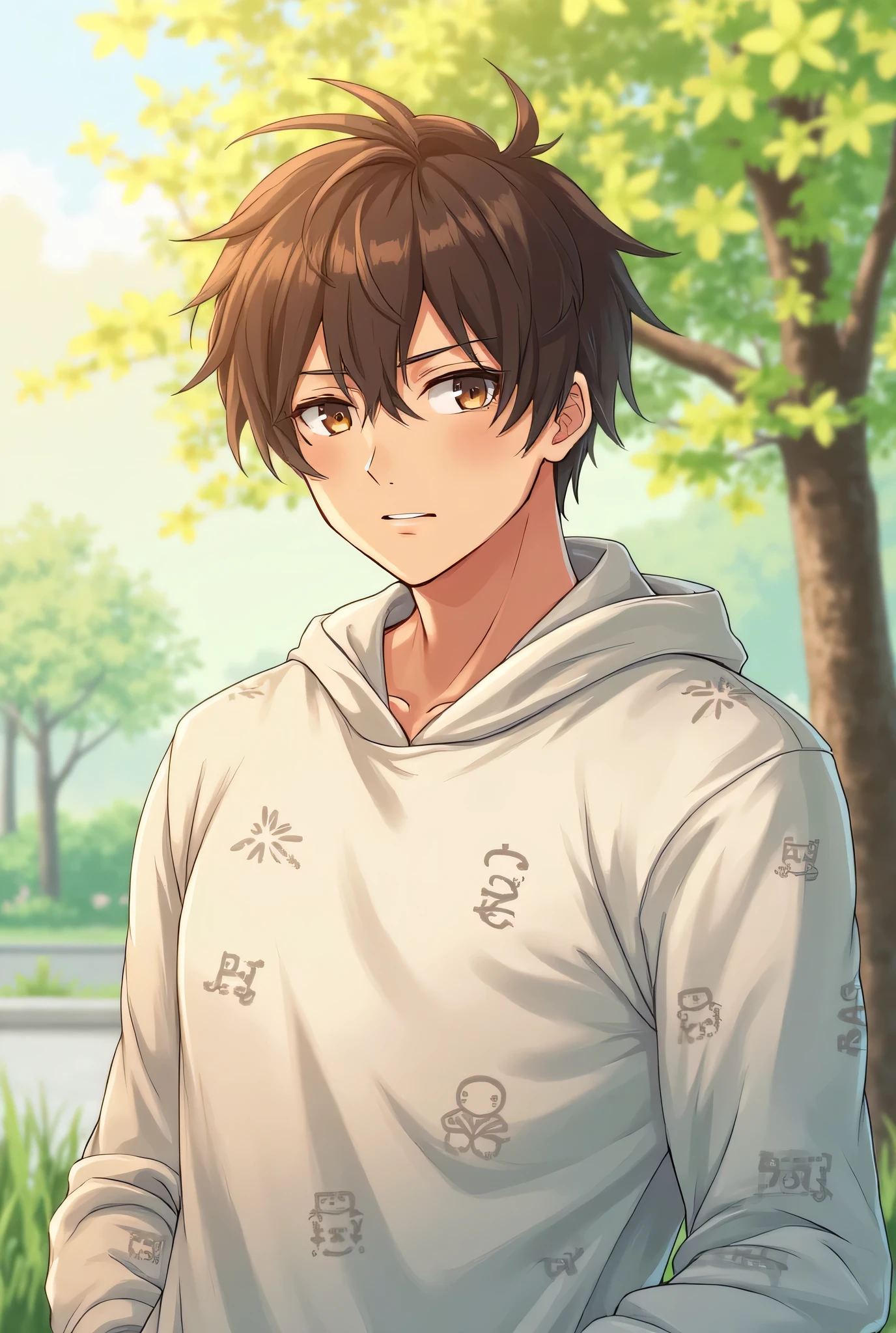masterpiece, best quality, high quality, 1boy, solo, male focus, looking at viewer, upper body, <lora:manato:0.56>, manato, brown hair, brown eyes, realistic, hoodie