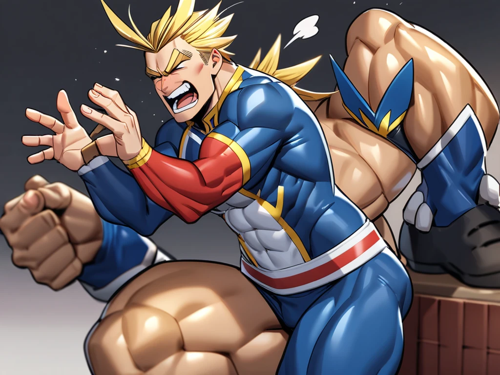 allmight, smile, antenna hair, (erection under clothes:1.2), (wearing micro thong bikini:1.2), (from below:1.2),