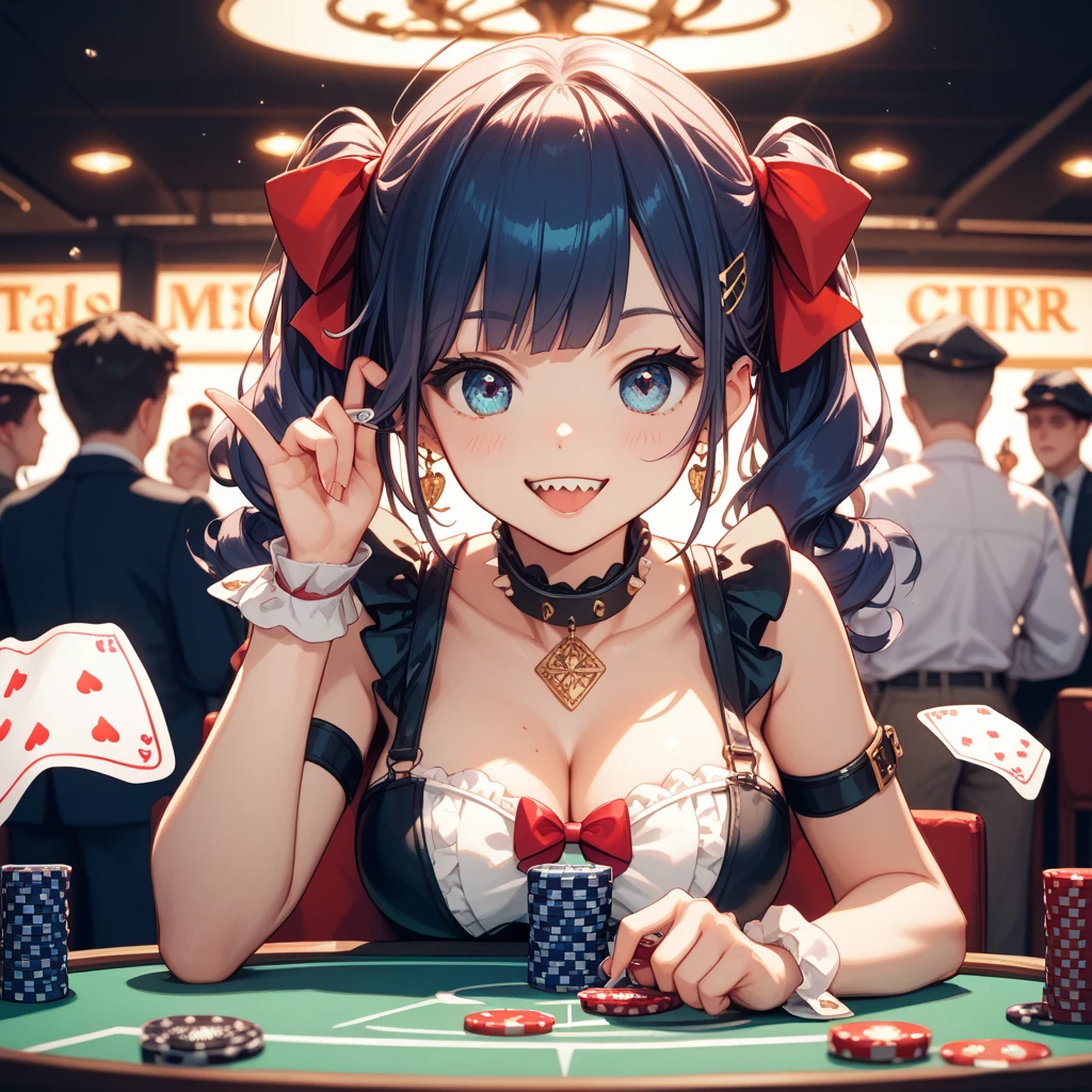 happy and smile, {{indonesian girl}}, {wearing high school uniform}, teasing and waiting customer play, standing, playing in casino, red casino background, polite and kind, Sweet Face, roulette table, poker table, big slot machines right and left, win jackpot, {{no headwear, no hat}}, private casino, crowded gambling area in background, so crowded, so many people, las vegas, american,