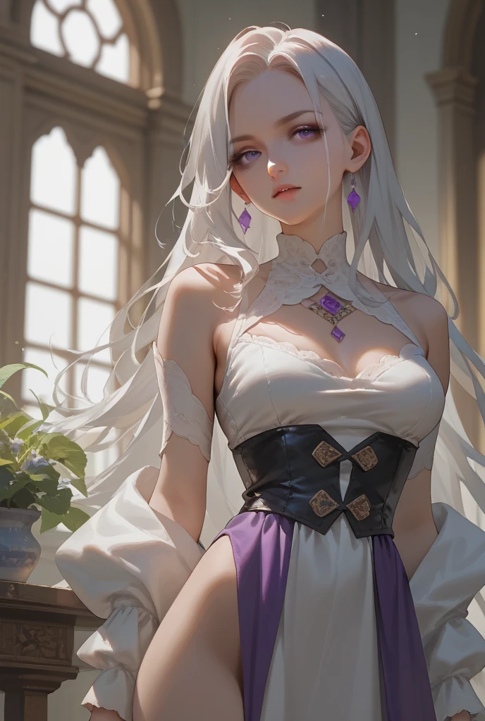 Beautuful Women,White hair,Tall,Eichhornia,Big chest,Clavicle sexy,Long hair with a shawl,big purple eyes