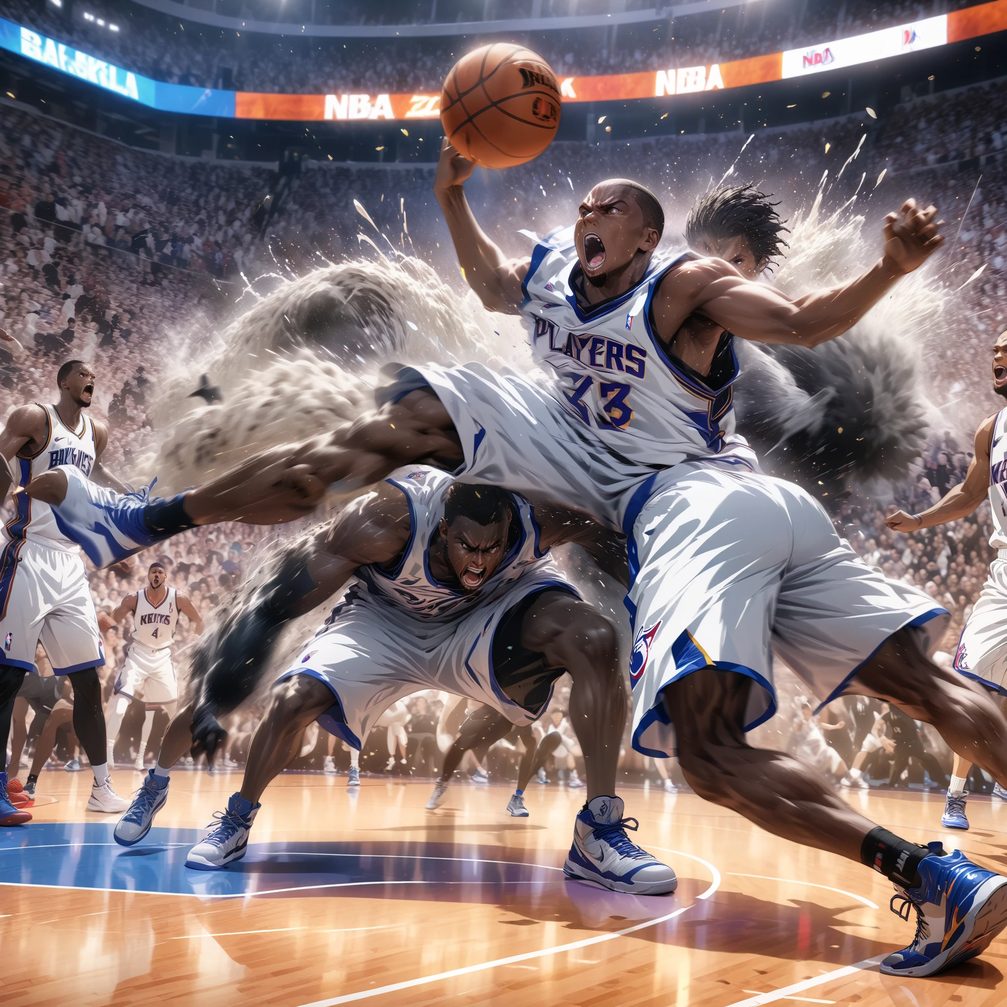 NBA, basketball game scene, fight scene on the basketball court, huge brawl involving black and white players, anime style illustration, (motion blur, action blur:0.5), ultra detailed, absolutely resolution, masterpiece