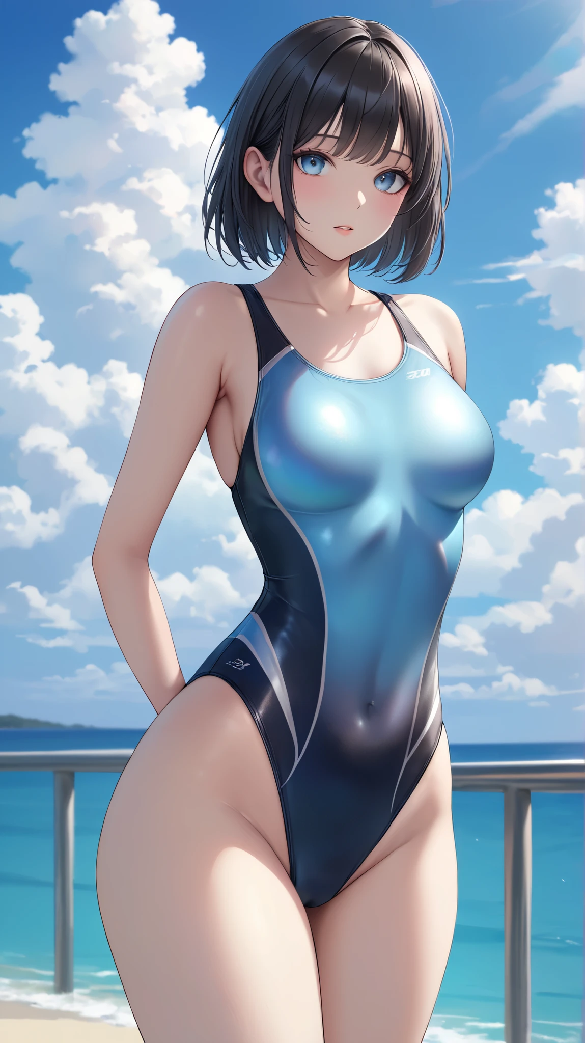(masterpiece,best quality,ultra detailed,high resolution),(realistic:0.6),30-years-old,looking viewer,lady,black hair,cool eyes,competition swimsuit,wide hip,beautiful sky,show crotch,hands behind back,