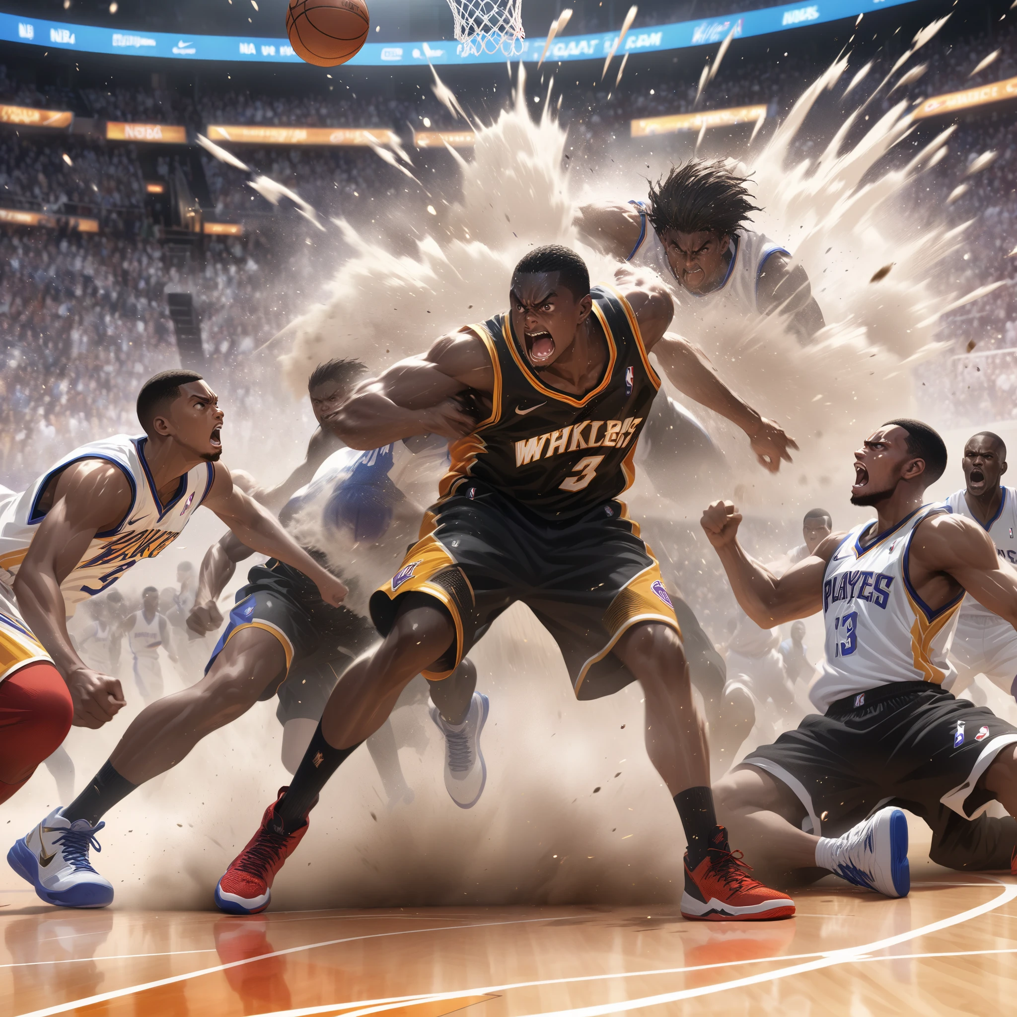 NBA, basketball game scene, fight scene on the basketball court, huge brawl involving black and white players, anime style illustration, (motion blur, action blur:0.5), ultra detailed, absolutely resolution, masterpiece