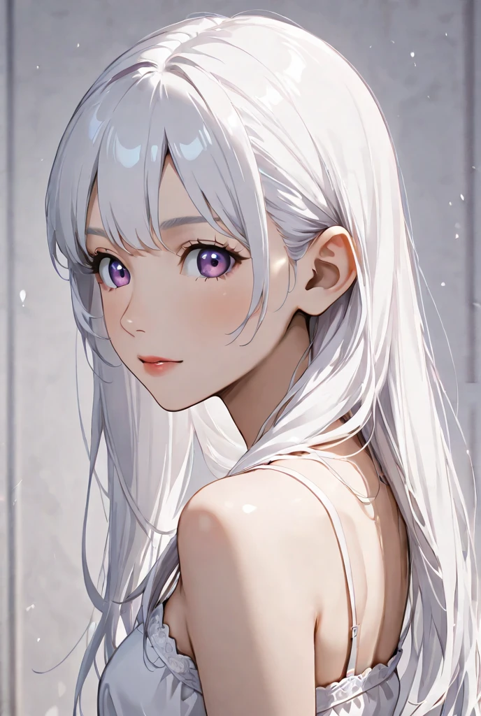 (Harf shot),(surreal), (figure), (Improved resolution), (8K), (very detailed), (Best figure), (beautiful and detailed eyes), (highest quality), (super detailed), (masterpiece ), ( wallpaper), (detailed face), alone, 1 girl, looking at the viewer, small details, detailed face, in the dark, deep shadow, red eye, discreet key, Pure erotic face ace_V1, smile, long hair, silver shawl straight hair , 46 point diagonal bangs
