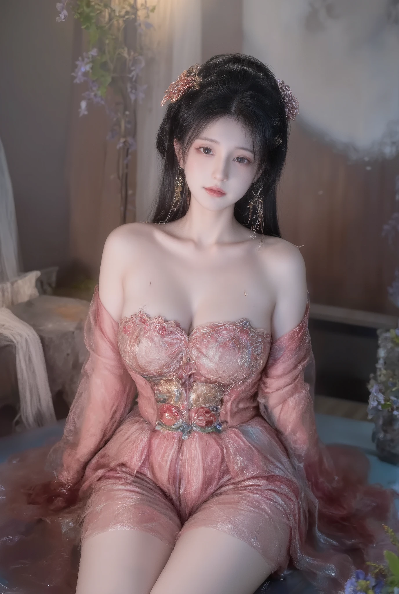 girl,solo,dress,earrings,jewelry,long hair, ancient female chinese clothes,looking at viewer , Chinese dress,brown eyes, black hair, sexy camisole, camisole like a pink see through cloth, revealing full thights and hip and venter, top quality, Masterpiece, Ultra High Resolution, High Definition RAW Color Photos , pro pics, natural skin texture, fine skin, hyperrealism, smiles,Earrings, gigantic breasts, slit dress, camisole, collarless dress