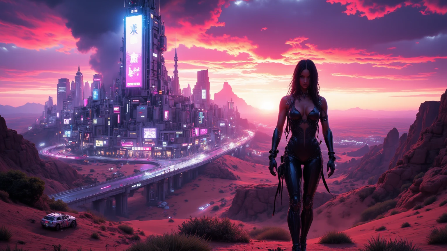 (((a large-breast bikini slim GIRL with black micro sunglasses))), (((aiming at viewer with a pistol))), a balcony of a futuristic building, aerial view of an ultra-futuristic megalopolis, many metal buildings and houses in dark colors from dark blue to black, a cidade tem tons de cinza metal, has smoky metal structures , industrial environment with smoke and fog around, carros escuros nas ruas, desert megalopolis, trilhos e trens modernos de de metal passando estre as ruas da cidade, tall futuristic metal buildings, many ultra modern buildings around, (((an Egypt sphinx statue on the top of building))), realistic, detailed, sci-fi.
