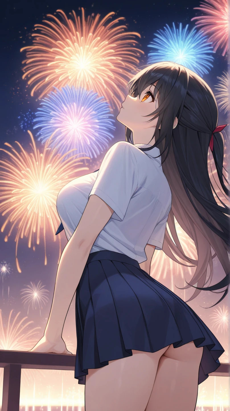 masterpiece,Highest quality,8k,Night Sky,firework,,Bold Pose,Big behavior,Shiny hair,Glossy skin,Japanese idol model,