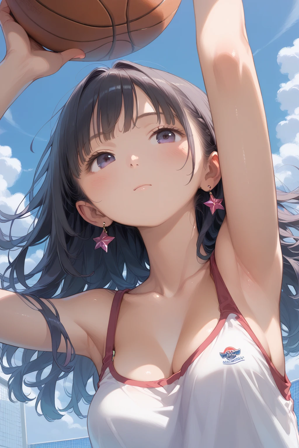 High quality、highest quality、complete limbs、Ultra high definition、Shining eyes、Full hands and fingers、slender beauty、wearing a white school swimsuit、white skin