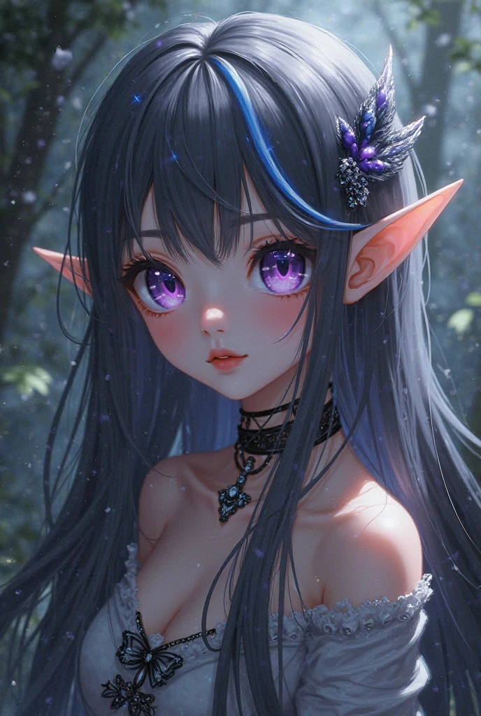Fantasy Character, adult elf woman, aged 26, with shoulder length black hair and dark purple eyes. fair skin with freckles. scar on left eye. Medieval era anime style.