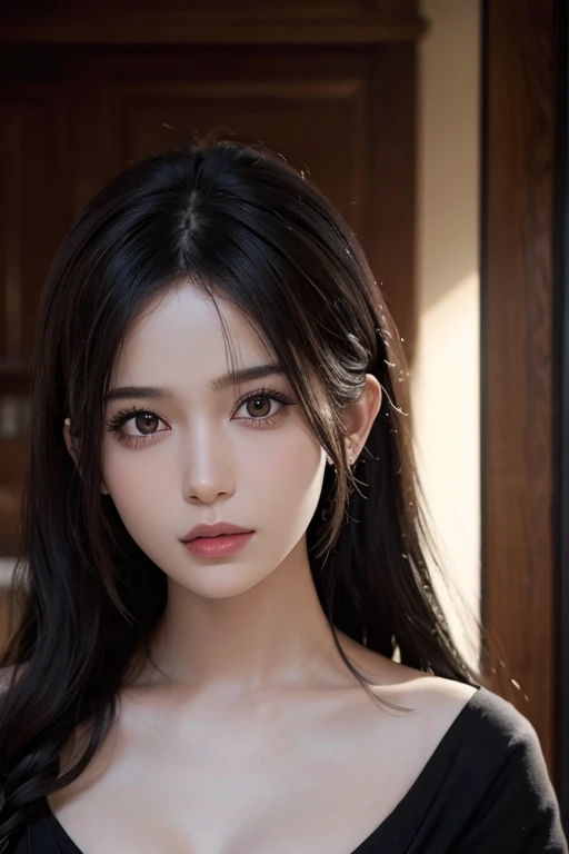 masterpiece, highest quality, Raw foto, photorealistic, smile, beautiful girl, cute, Hair up, Depth of the bounds written, High resolution, Super detailed, details, highly detailed eyes and face, mesmerizing black eyes, Realistic pupils, sharp focus, Cinematic lighting, upper part of the body, face on camera, topless