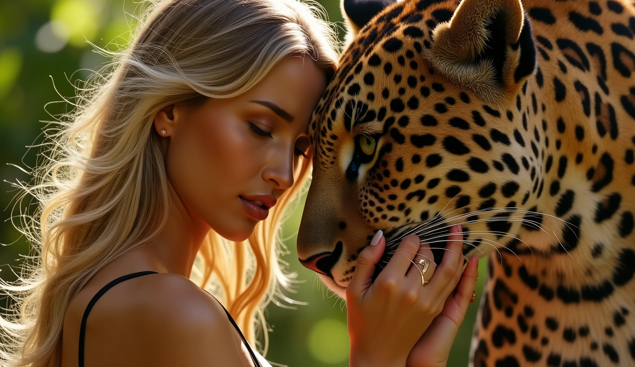 a blonde gorgeous woman, petting a leopard, 8k, cinematic, soft light