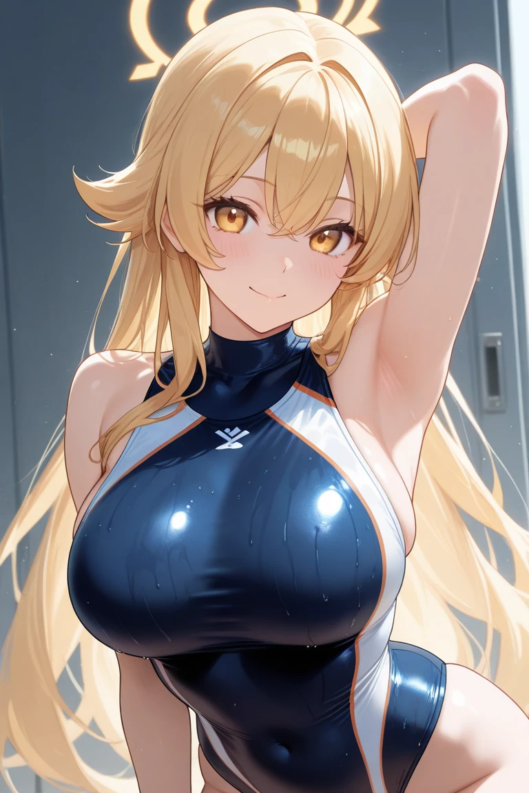 (((masterpiece))), (((best quality))), ((ultra-detailed)), (illustration), ((an extremely delicate and beautiful)), ((super detail)), ((high resolution)), (((20 years old))), ((metallic cloth)), (cheerleader), (super heroine), (android), delicate metal decorations, gleaming skin, shiny body, two legs, breast focus, (((tall))), slender legs, ((big round eyes)), cute eyes, drooping eyes, ((adult)), two hands, five fingers, no extra hands, elegant smile, braid, ((metallic blue)), (see-through), (dark blonde), (((ultra-huge breasts))), (shining brightly), outdoor, mini skirt, daytime, ((biopunk)), (hair shorter than shoulder), (medium length hair), gynoid, (slimy shining competition swimsuit), city, ((midriff-baring outfit)), (arms behind head),